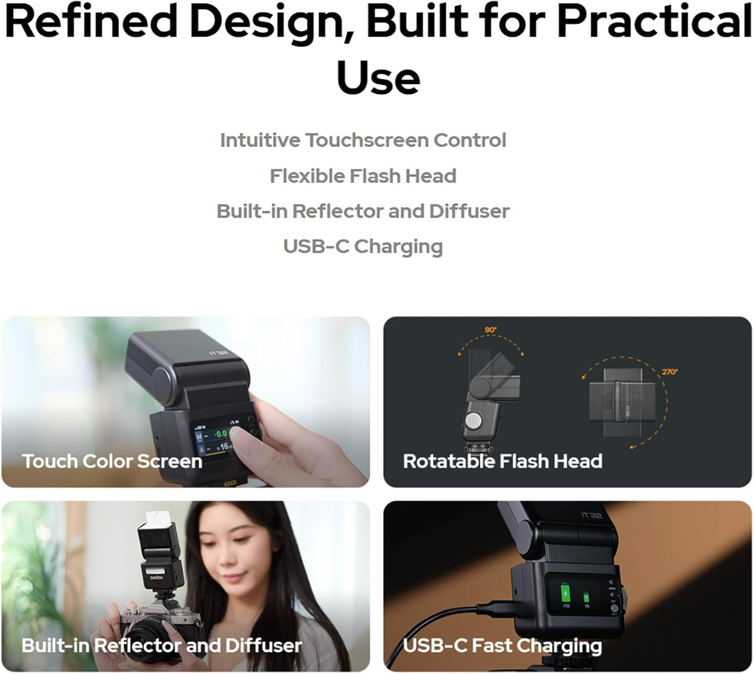 Godox IT32 TTL Camera Flash for Canon, Sony, Nikon, Fuji, Olympus Camera, Tochscreen Speedlight, 2.4G Wireless, GN18, Recycle Time 1.5S, Magnetic Interface, off Camera Flash for Wedding, Portrait image number 6