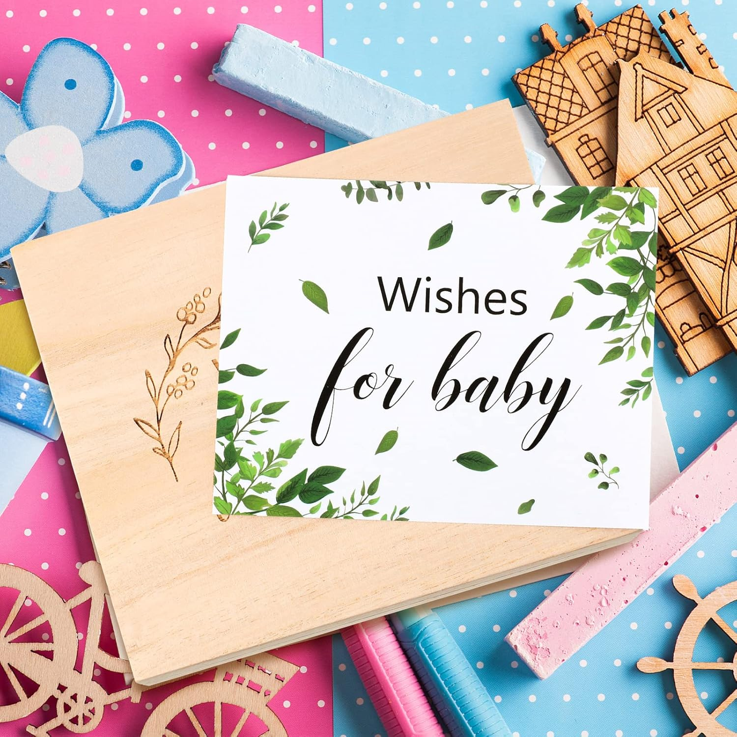 50 Pcs Botanical Baby Shower Advice Cards with Wooden Keepsake Box, Greenery Wishes Card for Baby Shower Double Sided Advice and Wishes Cards for New Parents Boys Girls Showers Gender Reveal Decor image number 1