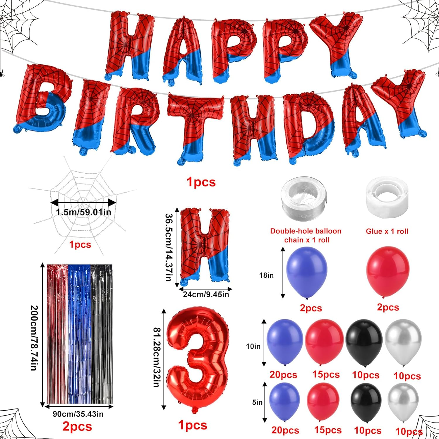 Spider Theme Party Decorations Kit, Includes Letter Banner Number Balloon Web Backdrop Hanging Curtains Multi-Size Balloons for Boys Girls Baby Shower Decor (Number 3) image number 5