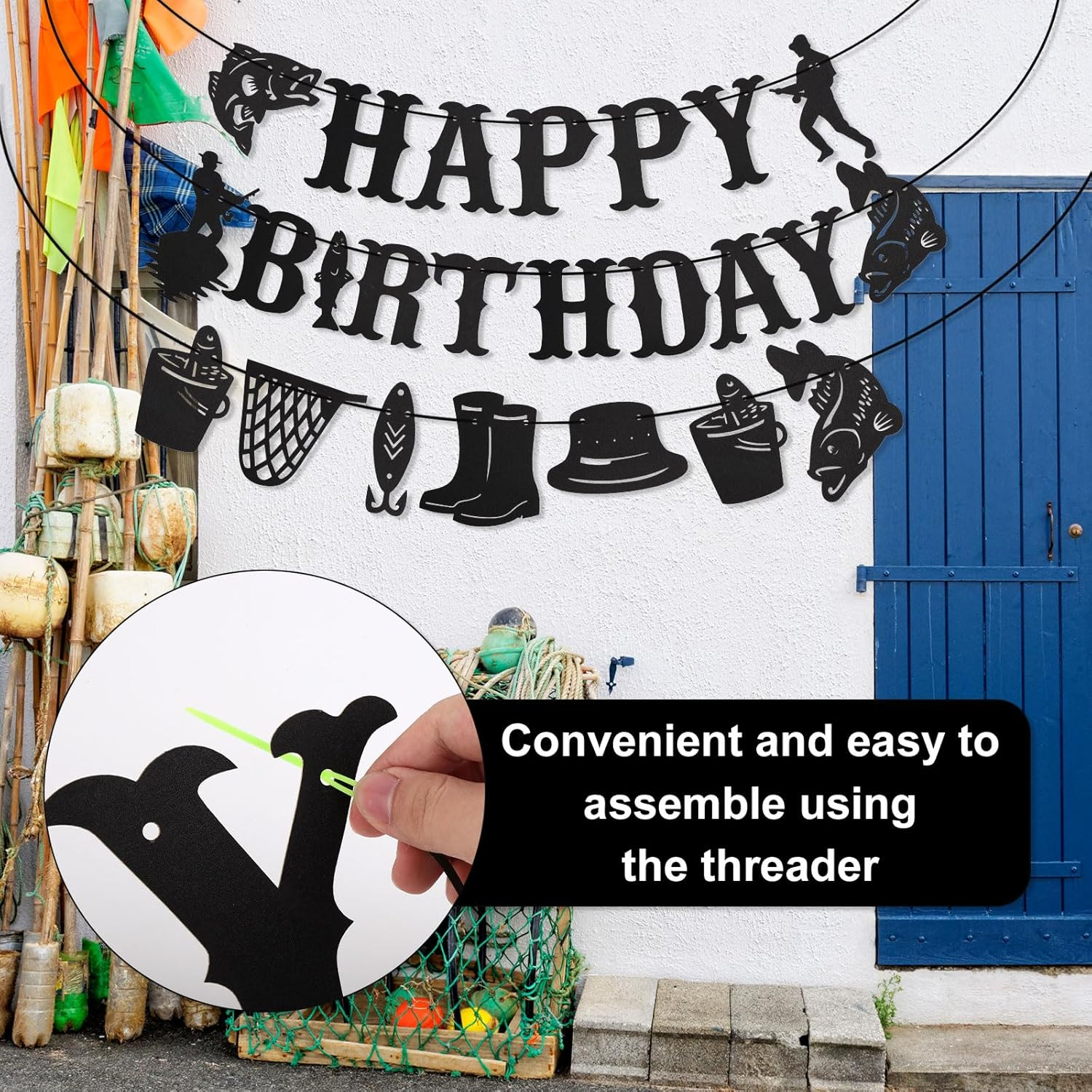 Fishing Birthday Banner, Happy Birthday Fishing Fish Fishing Net Boot Element Banner for Hanging on Fishing Line Decoration for Fish Birthday Party Birthday image number 6