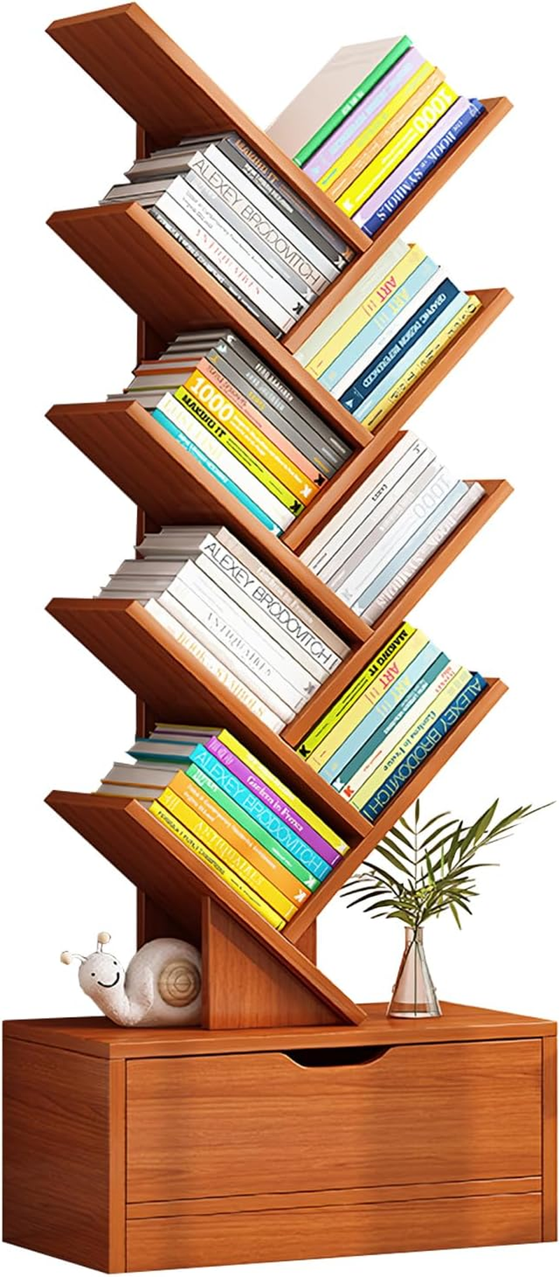 10 Tier Tree Bookshelf with Drawer,Floor Standing Bookshelf, Tall Wood Book Storage Rack with Anti-Fall Device and Heightened Baseand, for Living Room, Bedroom, Office image number 6