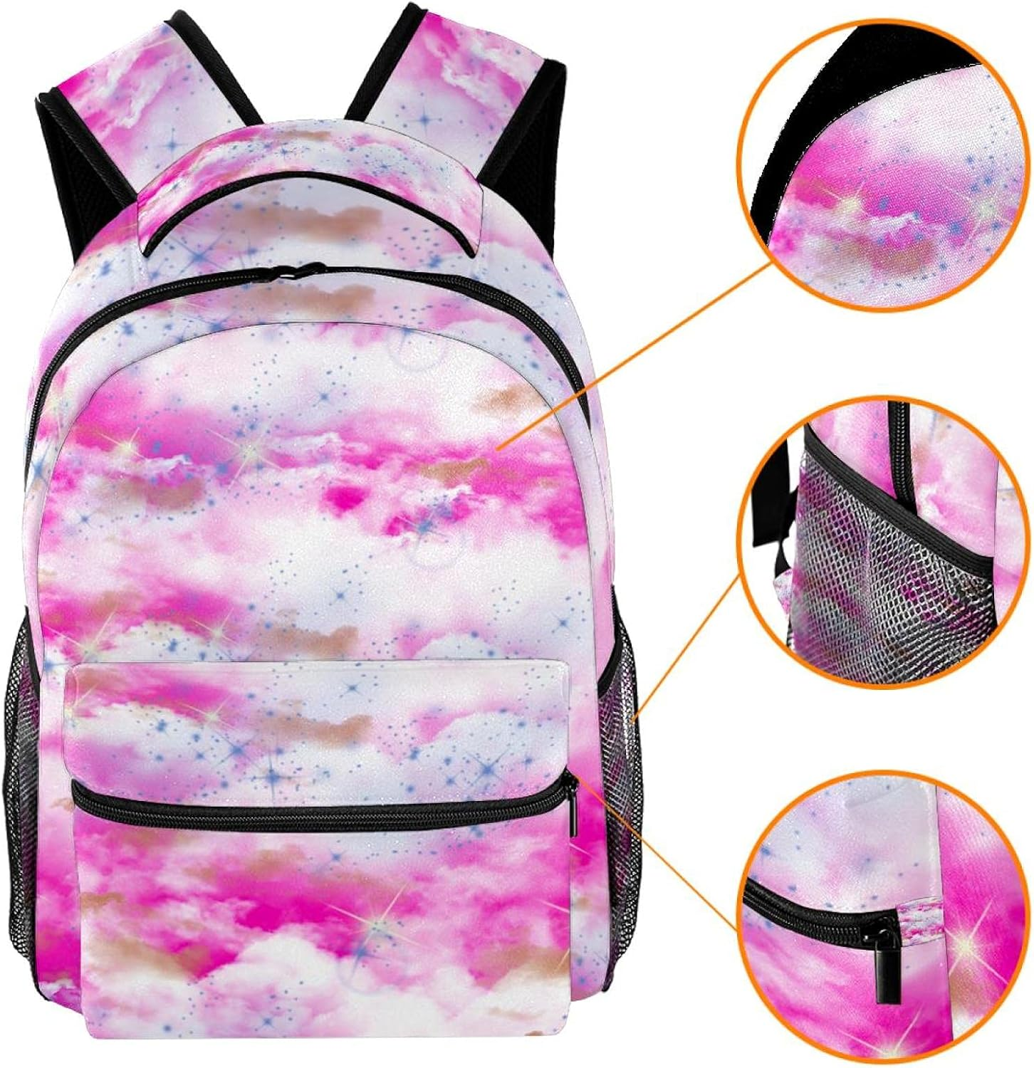 Illustration Pink Sky Twirls White-Blue Clouds Space Design Stars Psychedelic Backpack Students Shoulder Bags Travel Bag College School Tote Backpacks image number 5