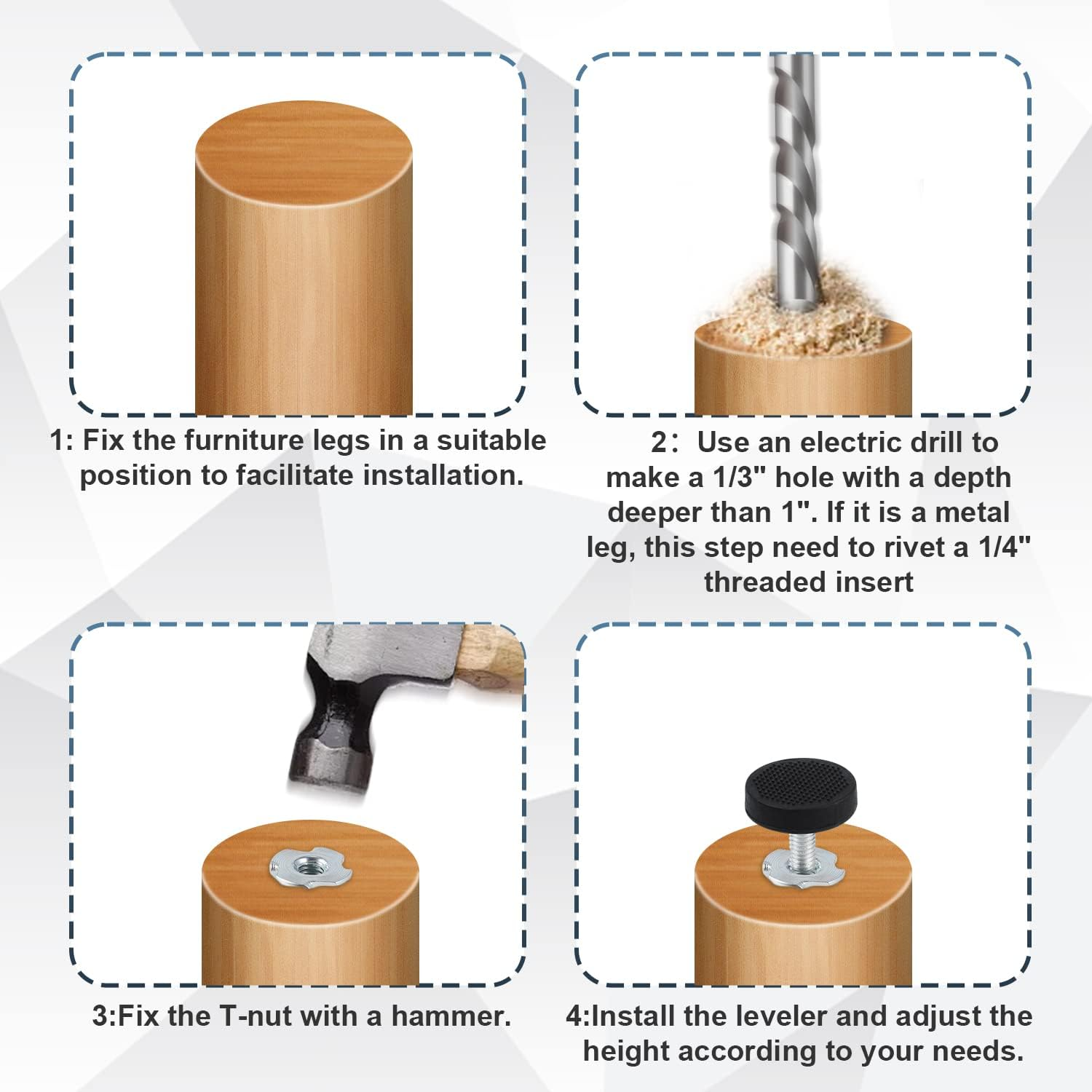 AIEX Adjustable Furniture Levelers, 16Pcs Leveling Feet Screw in Chair Feet with T-Nuts Table Chair Leveler Furniture Glide Leveling Feet for Furniture Leg Cupboard(Metric M6)