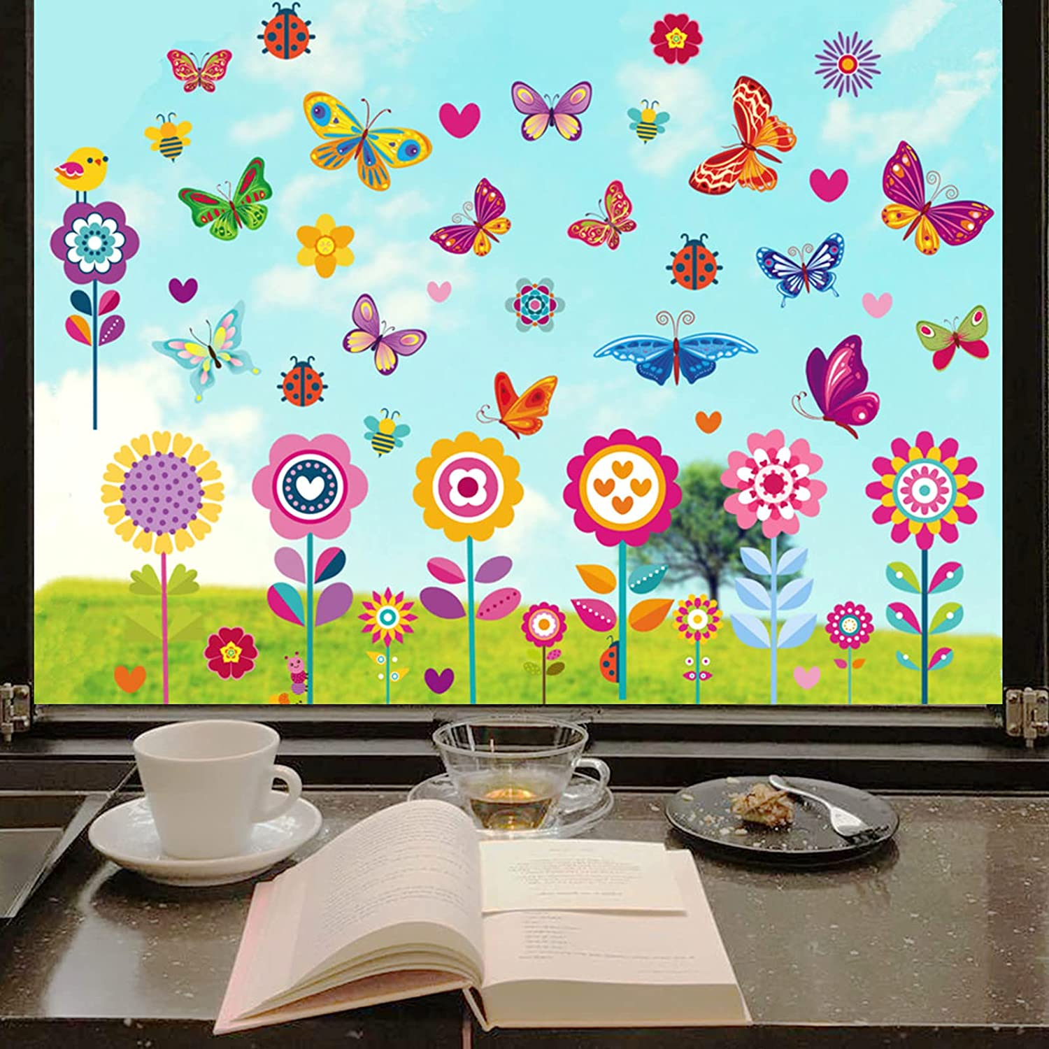 109Pcs Window Stickers, 9 Sheets Double Sided Reusable Window Decals with Flowers, Butterflies and Bee, Anti-Collision Stickers for Glass Door, Window Decorations for Home, School, Kindergarten, Shop. - Ws05 image number 2