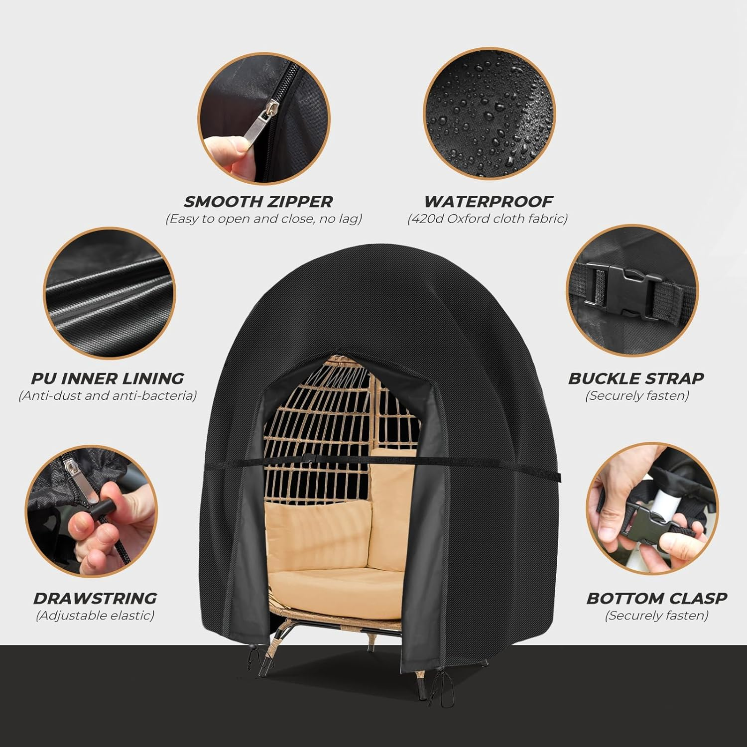 Wide Smile Double Egg Chair Cover Outdoor Waterproof Heavy Duty Garden Cocoon Wicker Patio 2 Seat Large Egg Swing Chair Pod Cover 420D Oxford Fabric with Zipper and Drawstring 230X200Cm Black image number 1