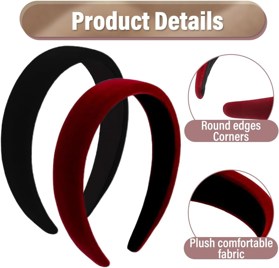 2 Pieces Women Velvet Fabric Padded Headbands Retro Vintage Solid Plain Headbands for Women and Girls (Black/Burgundy)