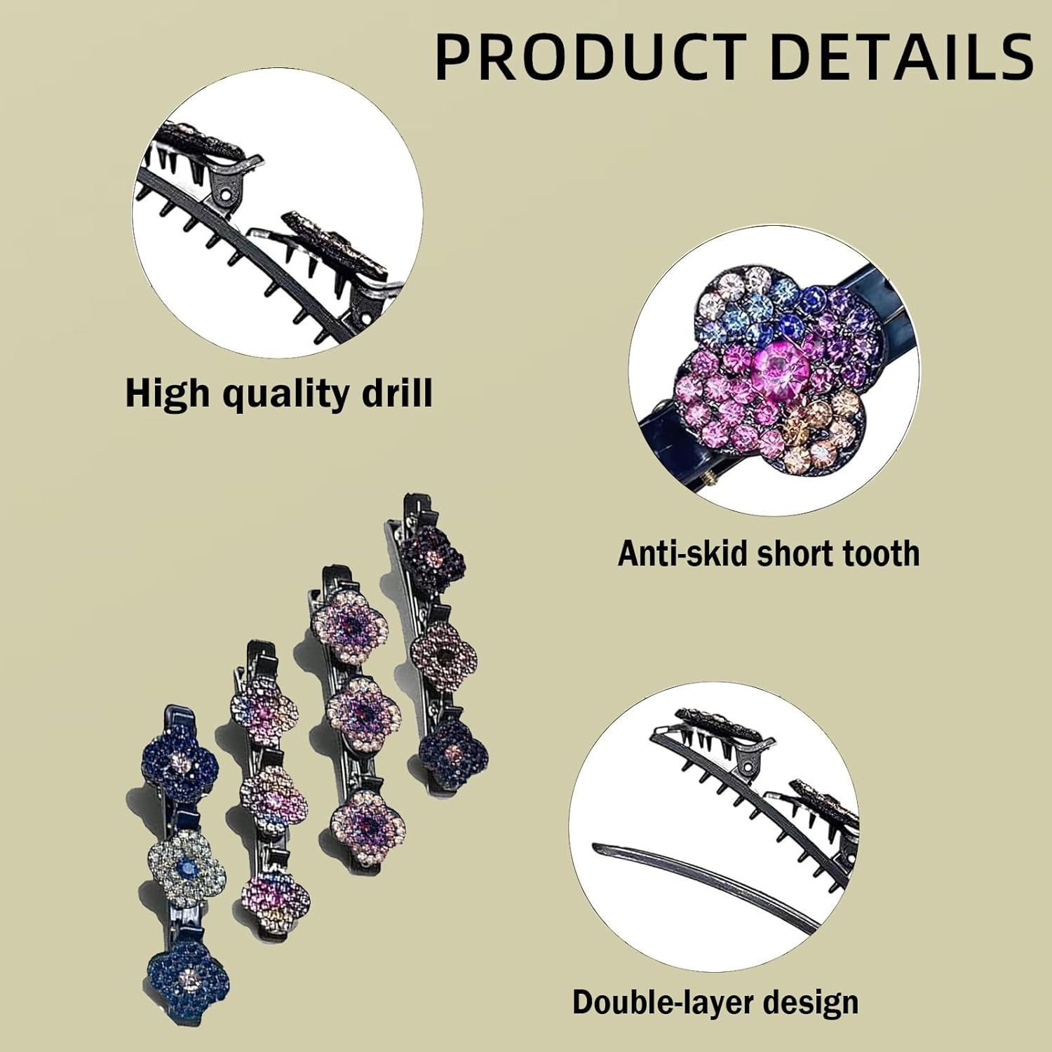 Pack of 4 Double Layer Hair Clips, Braided Hair Clips, Hair Clips with Sparkling Crystal Stones, Elegant Hair Styling Clips, Rhinestone Hair Clip, Double Layer Hair Clips for Women and Girls image number 2