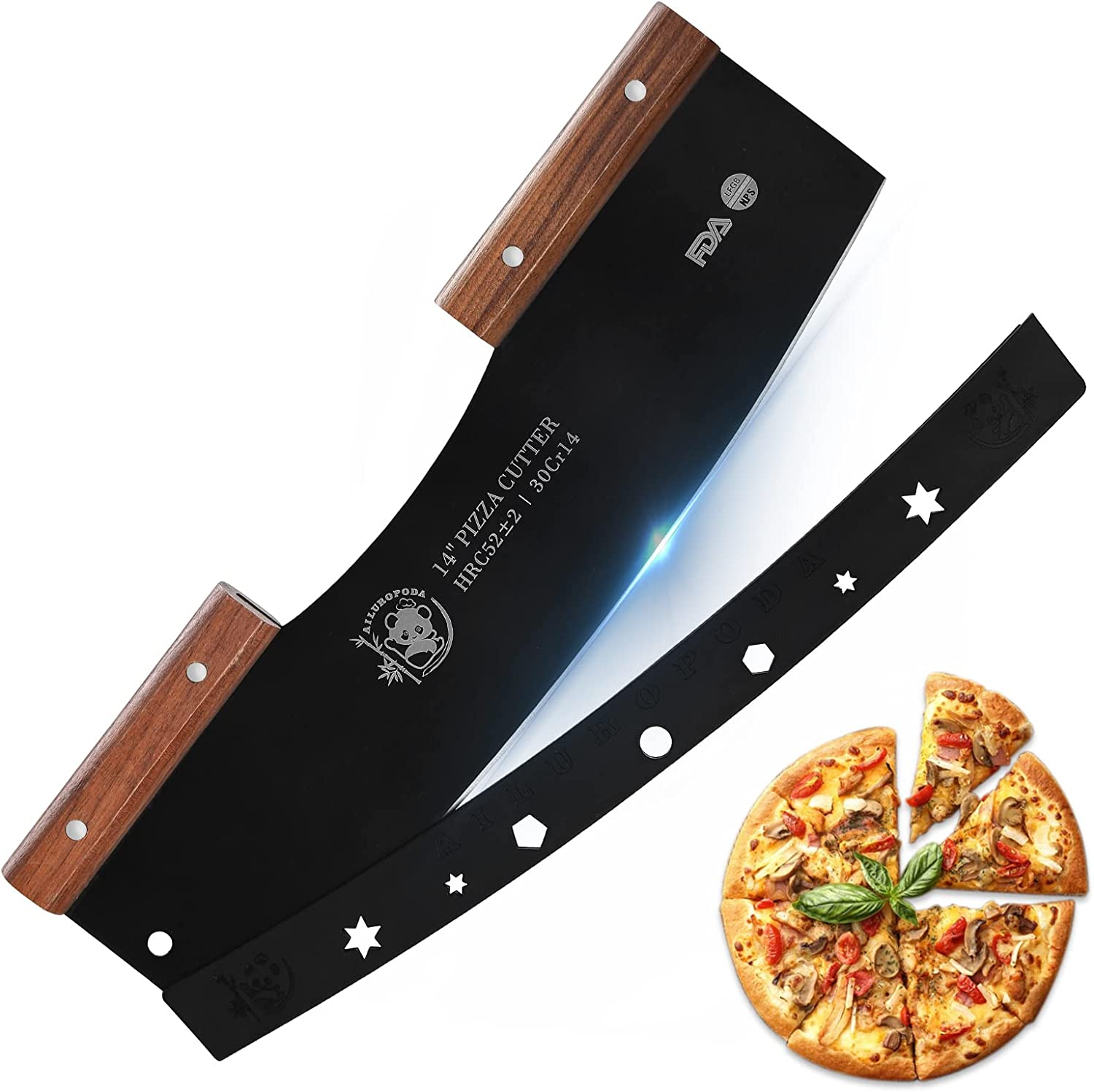 AILUROPODA Pizza Cutter 14" Large Blade Rocker Very Sharp Pizza Slicer 30Cr14 Stainless Steel Pizza Knife with Comfort Grip Walnut Handle and Protective Cover(Black) image number 4