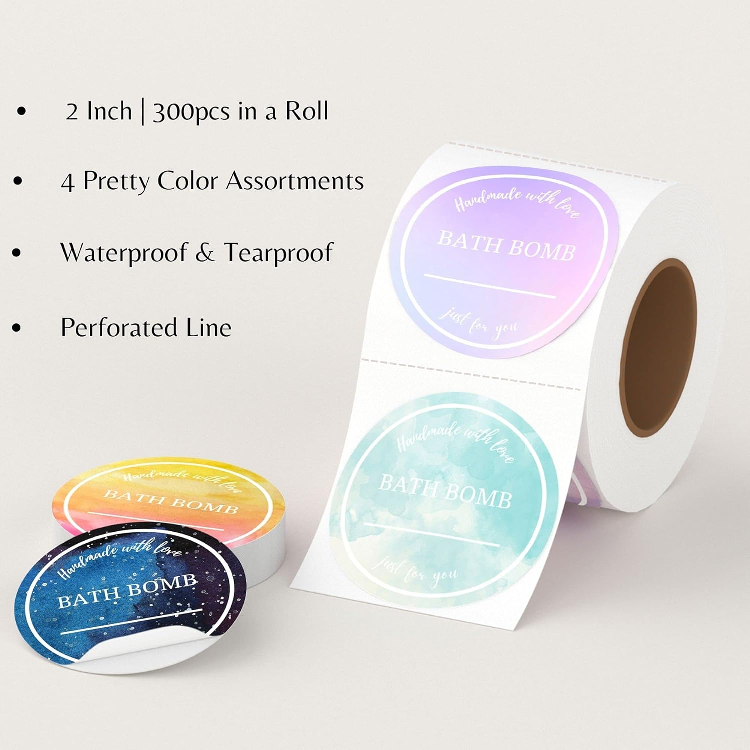 Mobiusea Creation Bath Bomb Labels Roll | 2 Inch |300 Pcs Waterproof Bath Bomb Stickers for Small Bags, Bath Bomb Making Kit, Bath Bomb Making Supplies, Bath Bomb Labels and Packaging image number 1