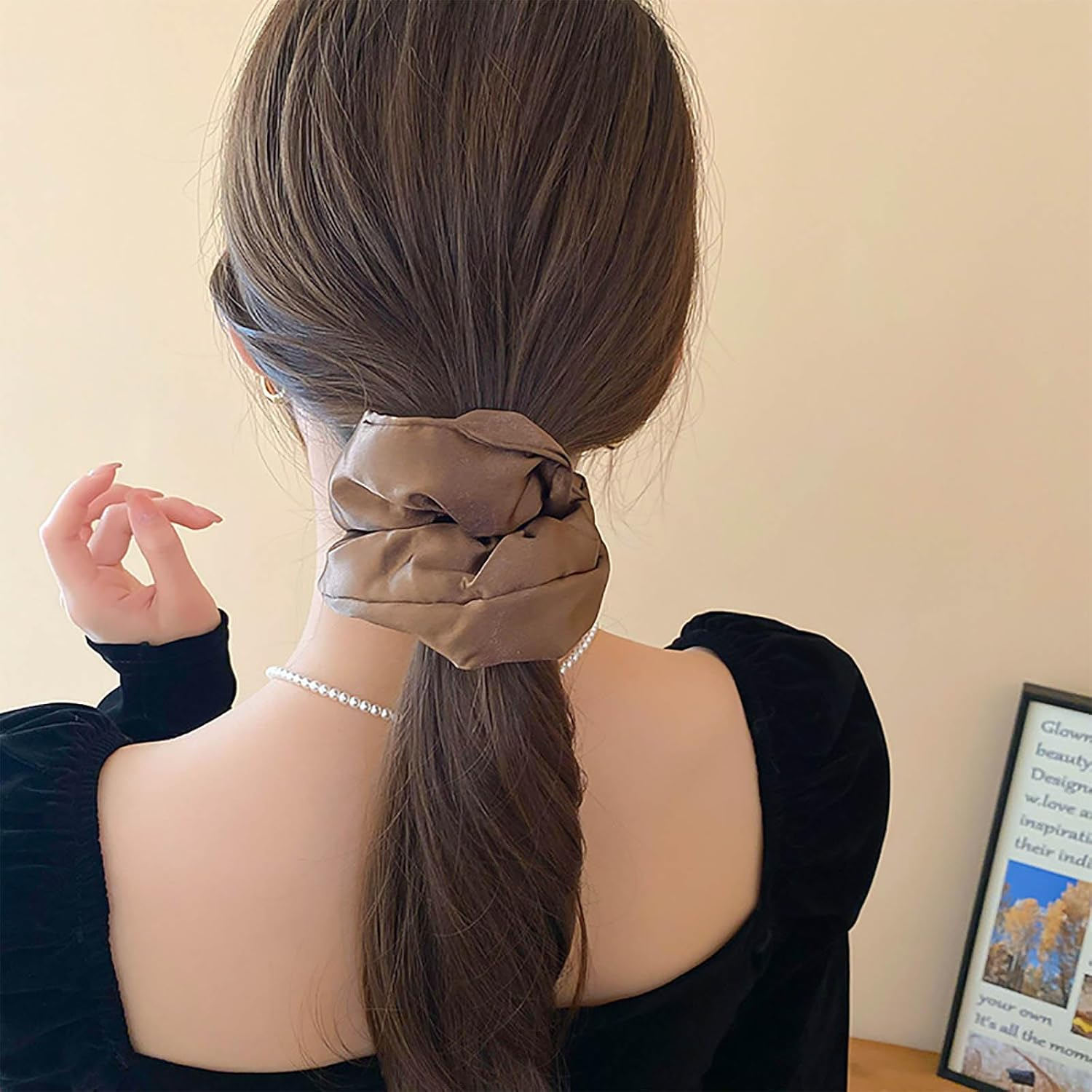 Inateannal Vintage Satin Silk Hair Bobbles Large Satin Elastic Hair Bobbles Brown Large Satin Hair Bobbles Scrunchy Oversized Thick Hair Bobbles Satin Ponytail Holder Hair Bands image number 3