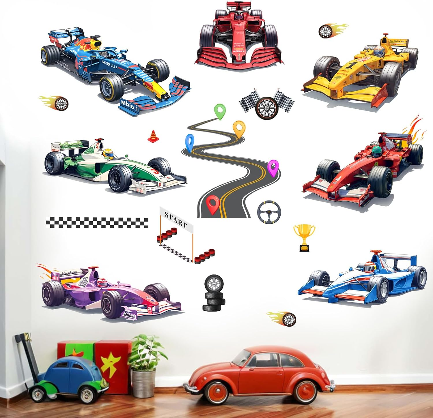 Amimagen Racing Cars Wall Stickers - Vehicles Roads Boys Bedroom Wall Decals - Baby Nursery Kids Room Daycare Playroom Wall Decor image number 2