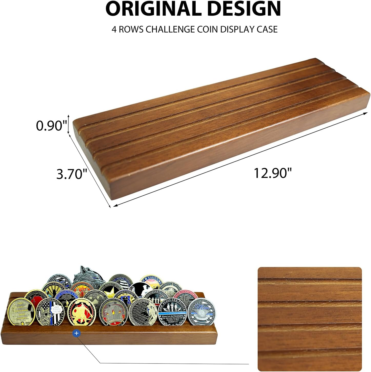 Challenge Coin Display Stand 4 Rows Wooden Military Coin Holder Rack Case Holds 30 Coins, Walnut Finish