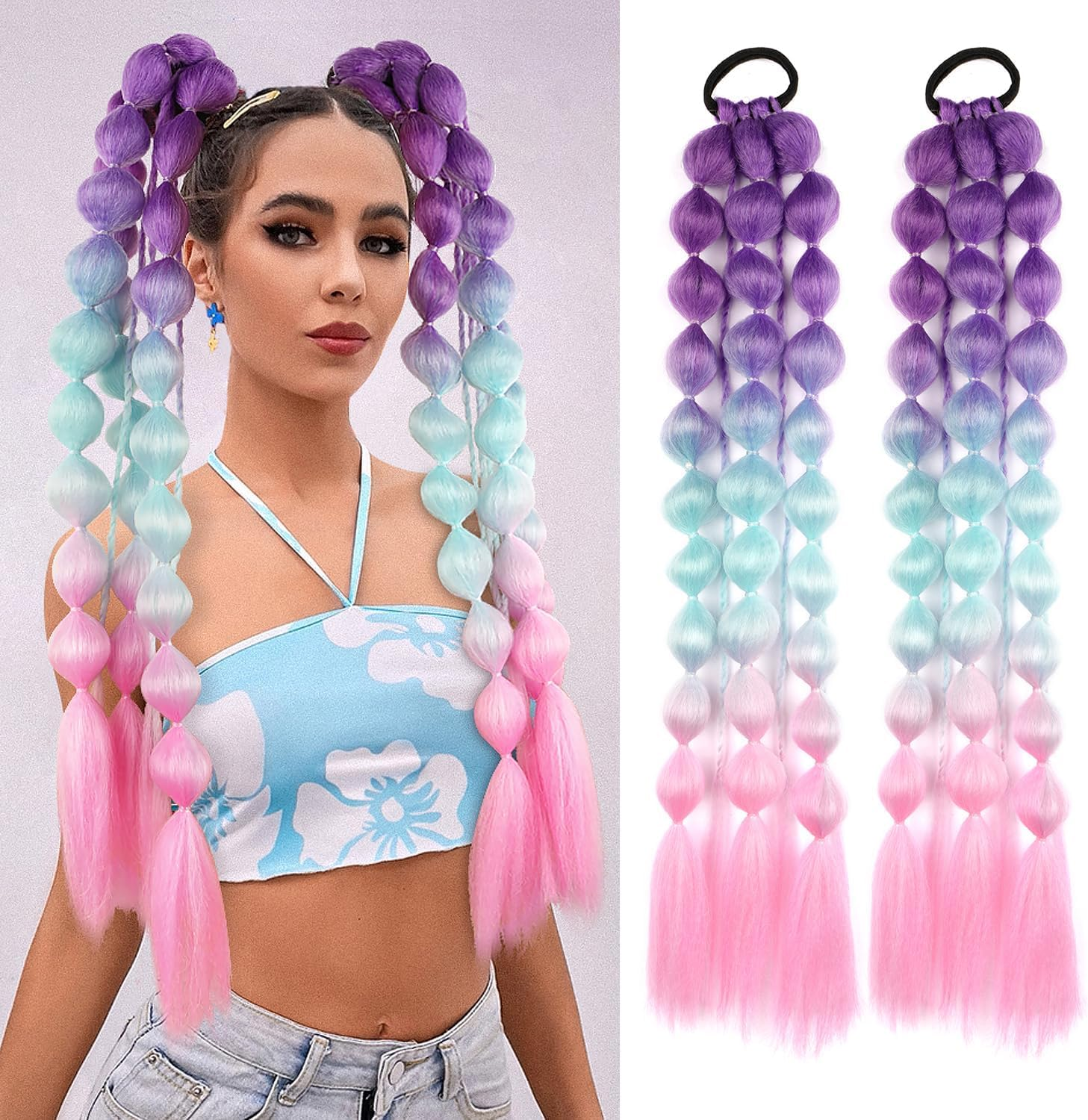 2 PACK Colorful Hair Extensions, POIUNA Upgrade 24" Long Braiding Hair Hair Extensions Braid Synthetic Fiber Hair for Women Girl Bubble Braid (Blue) (Purple)