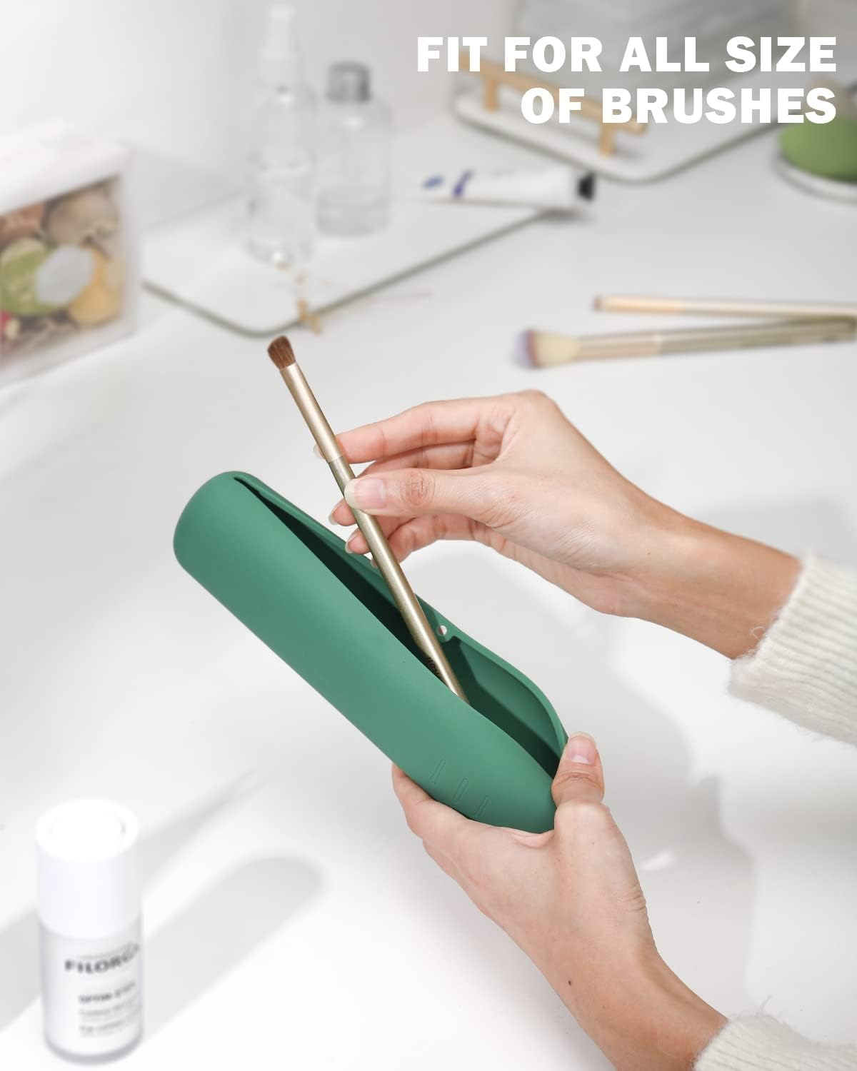 BEZOX Travel Makeup Brush Holder with Strong Magnetic Buckle, Silicone Make up Brush Pouch Case, Cosmetic Brush Mini Bag - Green image number 6