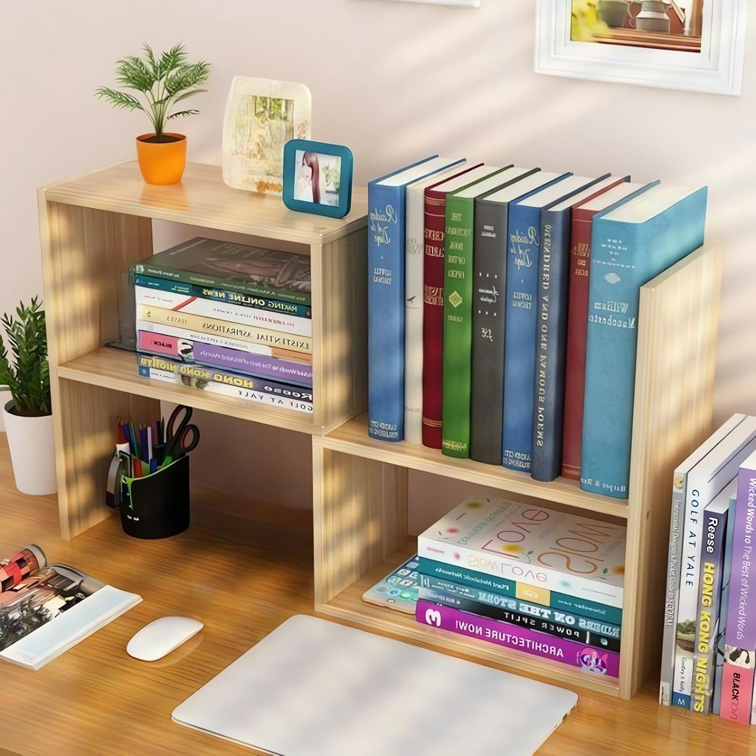 Desktop Wooden Bookshelf Organiser, Wood Bookcase, 3-Tier Storage Shelf for Books and Office Supplies A208 (A Coffee)