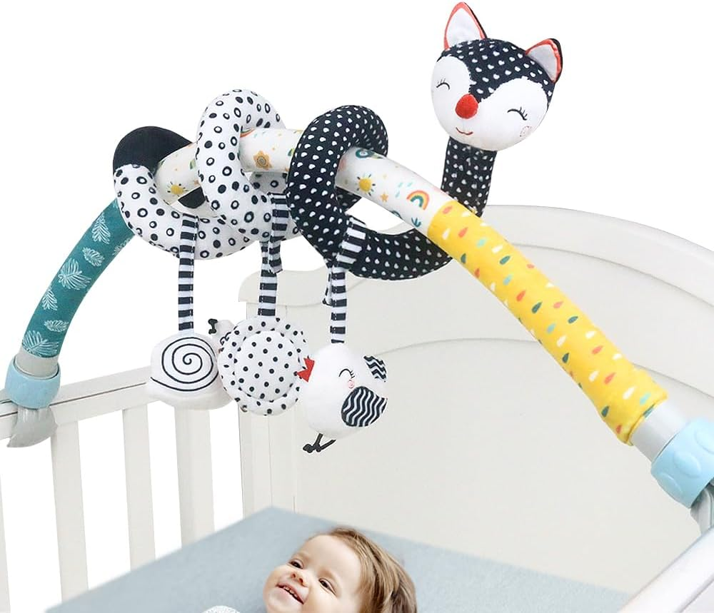 Baby Arch Baby Pram Toys, High-Contrast Black & White with Stretch & Spiral Hanging Activity Set, Infant Stroller Arch Toy, 0-36 Months (Fox) image number 4