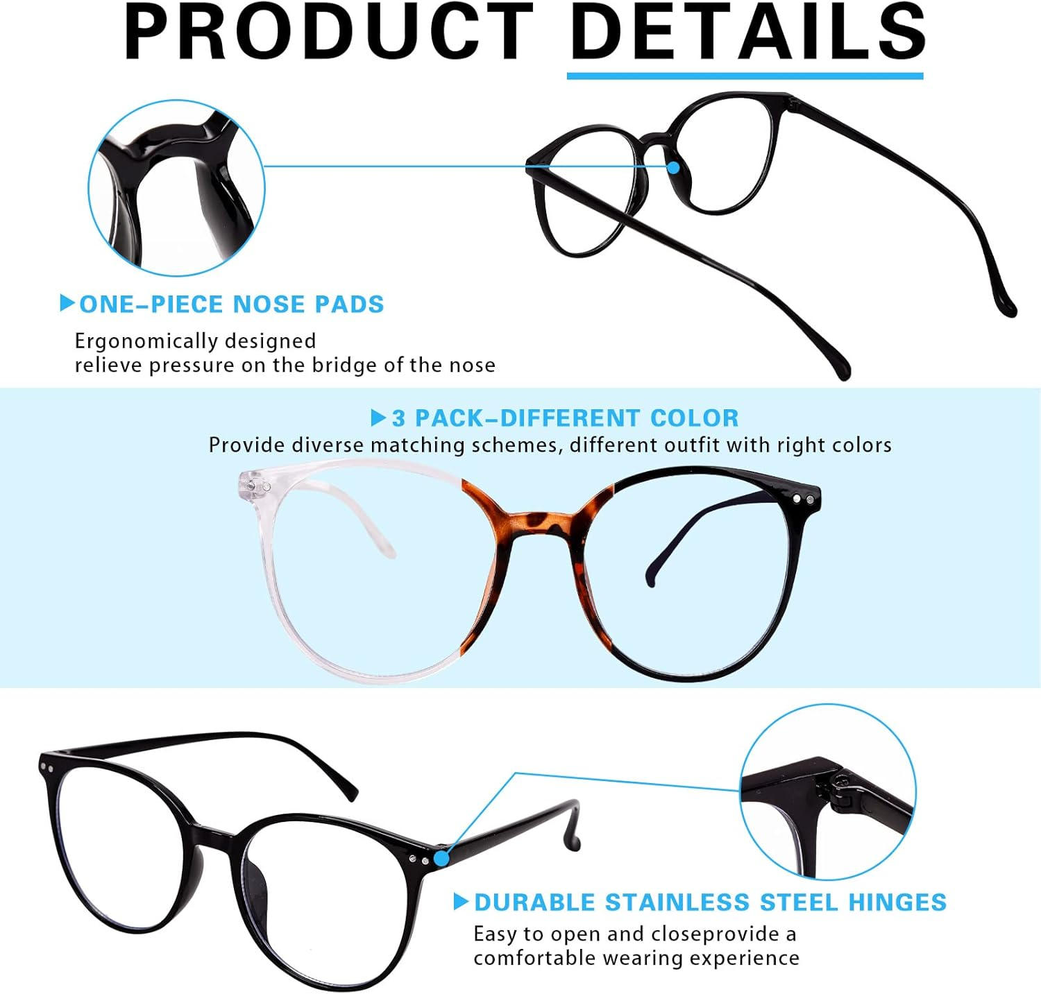 3 Pack Blue Light Blocking Glasses, round Frame, Light Weight Clear Lens, anti Glare, UV Protection, Unisex Adults Digital Device Users