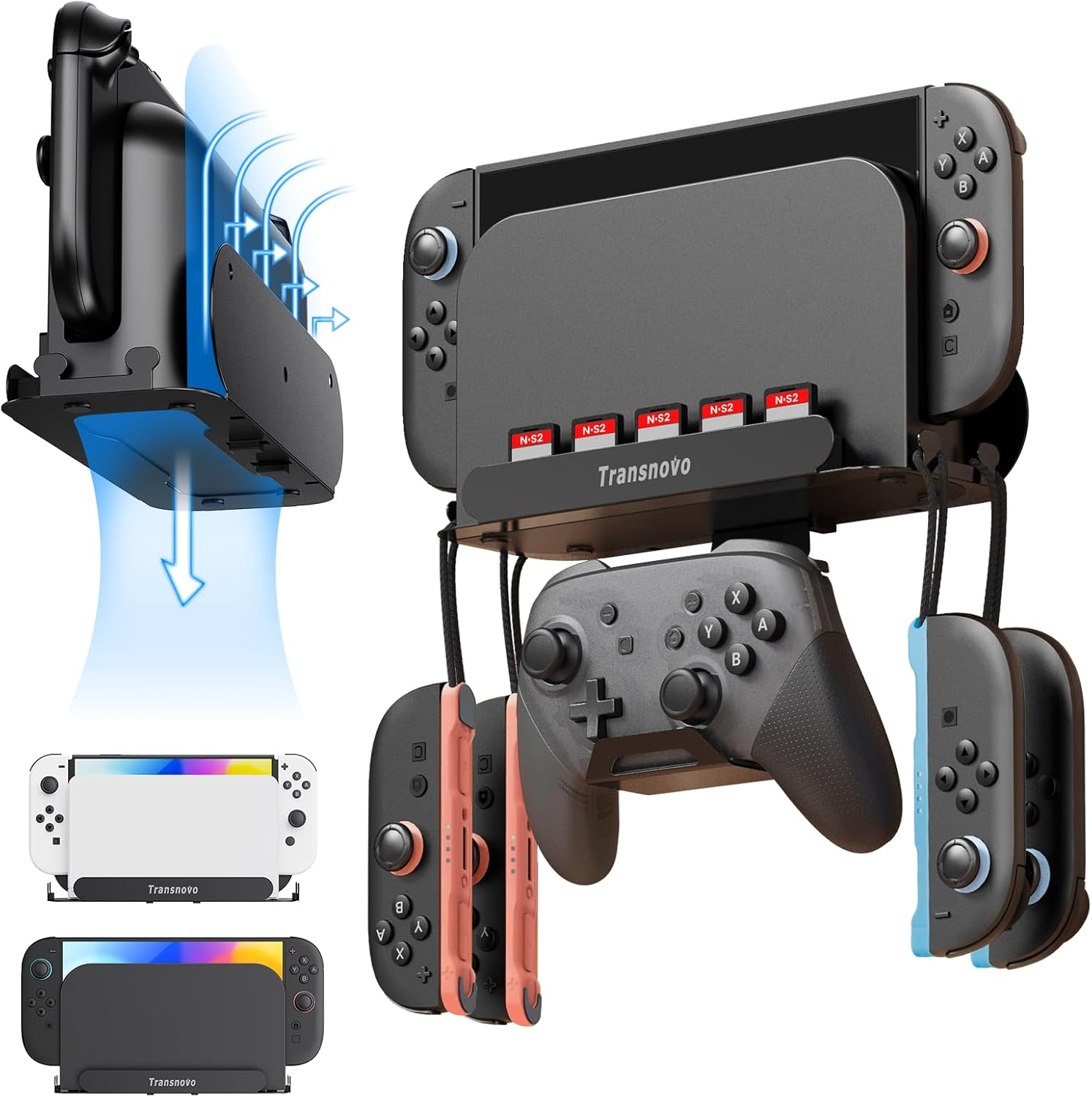 TRANSNOVO Wall Mount Dock Holder Compatible with Switch 2/Oled/Switch, Space-Saving Console Storage Near/Behind TV, Metal Bracket with Hook for Hanging Joycons/Pro Controller and 5 Game Card Slots