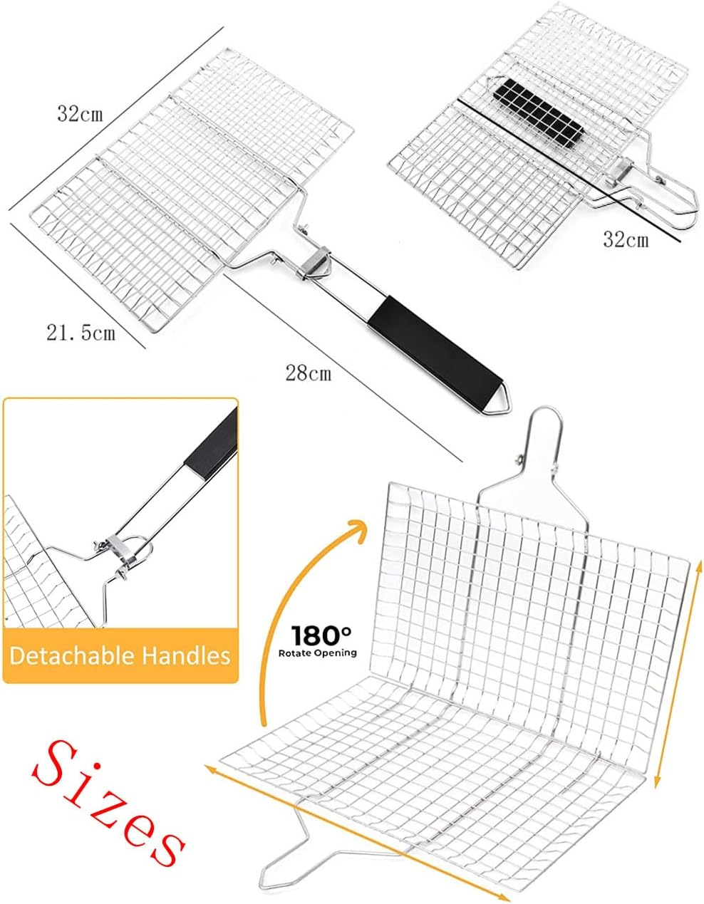 Barbecue Grill Basket with Handle, Stainless Steel Vegetable Grill Basket Value Set, Portable Fish Barbecue BBQ Grilling Basket, Foldable Non Stick Wire Mesh Net Clip for Steak Outdoor Camping (32CM) image number 2
