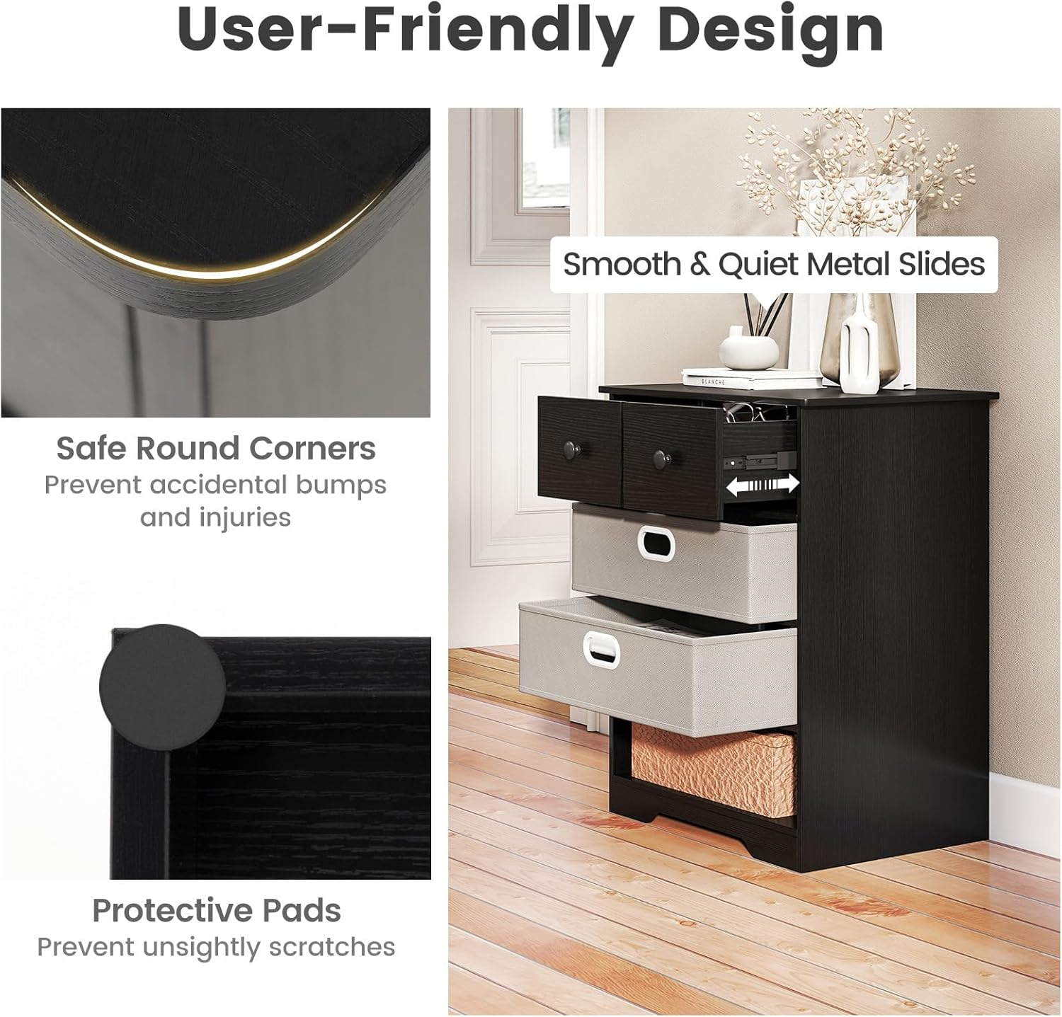 Giantex 4-Drawer Dresser, Modern Chest Storage Organizer with Open Shelves, Multifunctional Freestanding Nightstand with Anti-Tip Kits for Bedroom, Living Room, Entryway, White/Black (Black + Grey)