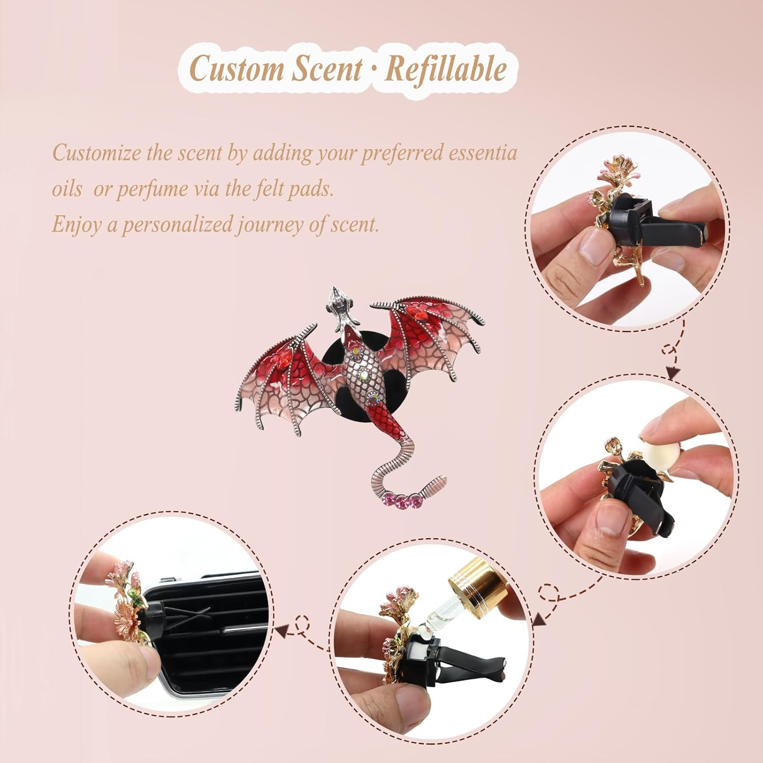 Red Car Accessories 2Pcs Bling Dragon Car Air Freshener Vent Clips Cute Alloy Red Enamel Wyvern Dragon Vent Clips Car Accessories Refillable Car Essential Oil Diffuser Goth Car Decor image number 5