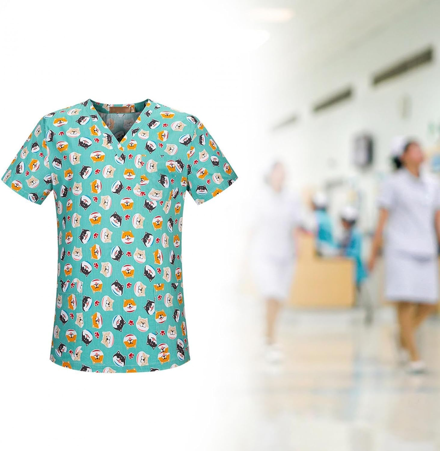 UGPLM Nurse Workwear Nursing Uniform V Neck Scrub Top Summer Work Clothing Soft Simple to Clean for SPA Cosmetology Short Sleeves, Dog Pattern, M image number 2