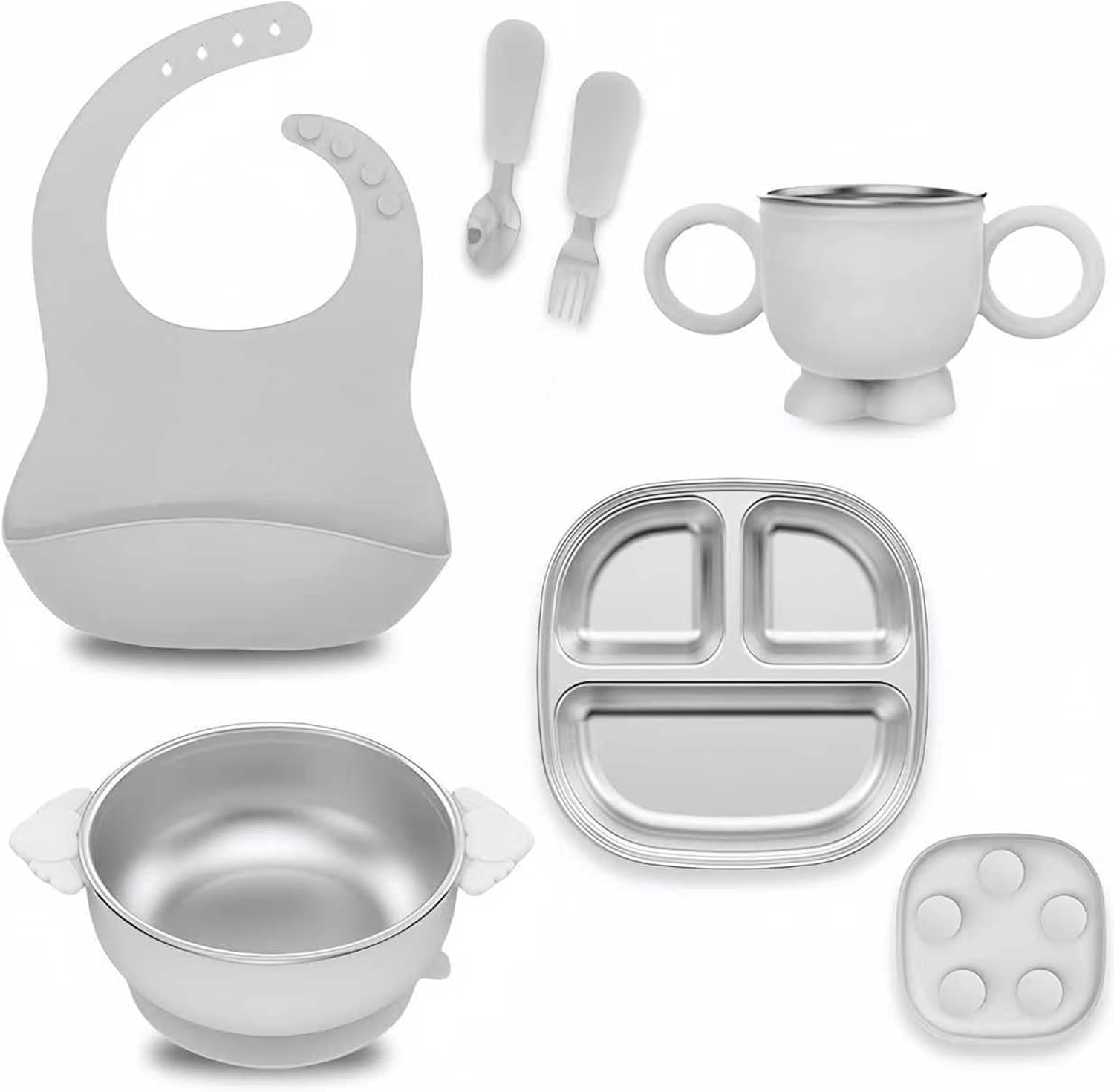 6 Pcs Stainless Steel Kids Plates and Bowls Set with Suction, Contain Deep-Divide Toddler Plates, Bowls, Cup, Utensils & Bib &ndash; Bpa-Free 304 Steel + Silicone Suction &ndash; Dishwasher Safe (Grey) ﻿ image number 4
