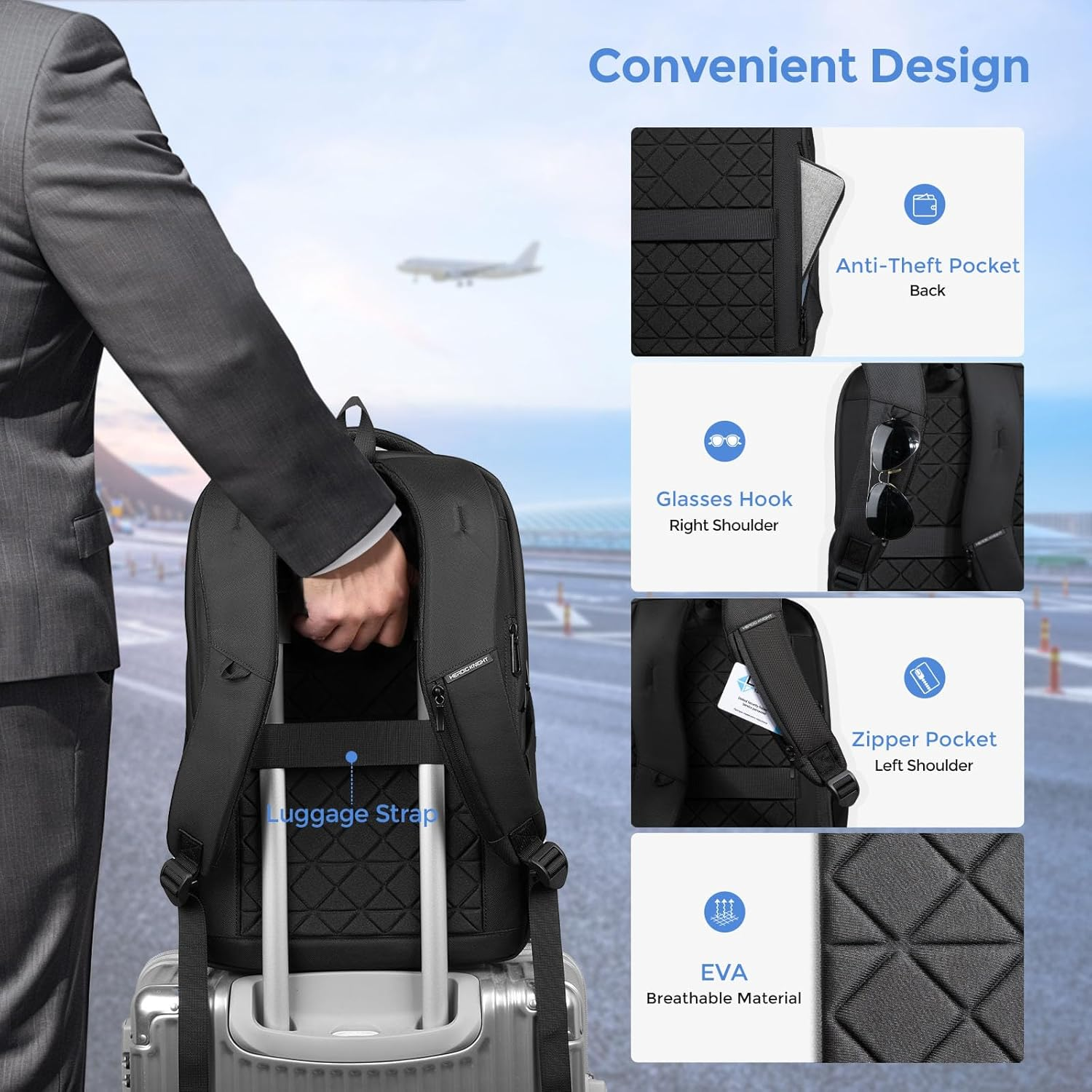 17.3 Inch Laptop Backpack for Travel Work Office College, 30L Water Resistant Casual Daypack, Lightweight Computer Backpack for Men Women, Business Laptop Bag with USB Charging Port - Black image number 6