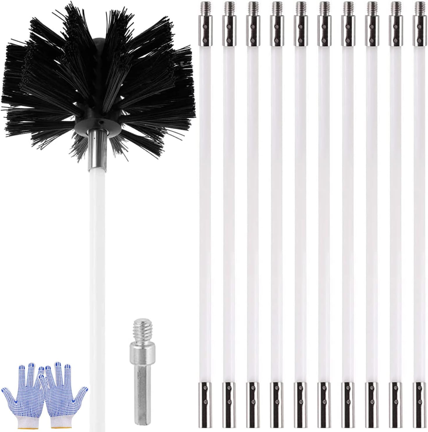 21.5Ft Chimney Cleaner Brush Kit, Duct Vent Rotary Cleaning Set,With 16 Flexible Rods, Brush Head, Gloves, Hexagonal Bar Chimney Sweep Kit for Fireplace/Dryer Vent/Sewage Pipe (Sets of 19Pcs)
