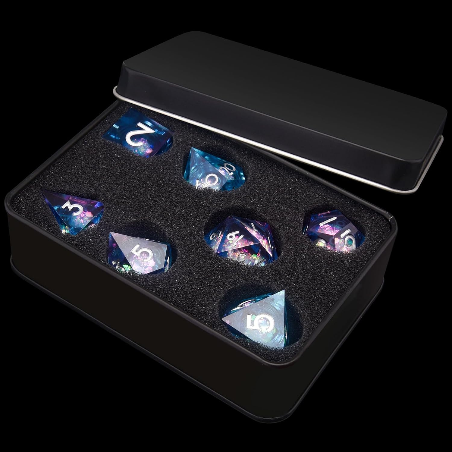 AUSTOR Liquid Core Resin DND Dice Sharp Edge Polyhedral Dice 7-Die DND Dice Set Quicksand Handmade Resin Dice for Dungeons and Dragons RPG MTG Table Games, Blue & Violet