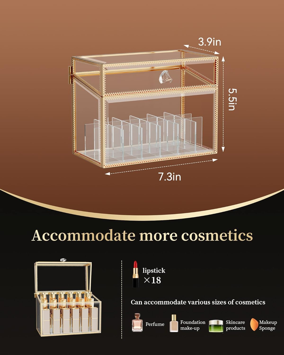 Coralhouse Lipstick Organizer,Luxury Tempered Glass Lipstick Holder & Nail Polish Organizer, 18-Slot Vanity Cosmetic Organizer with Removable Dividers, Gold image number 1