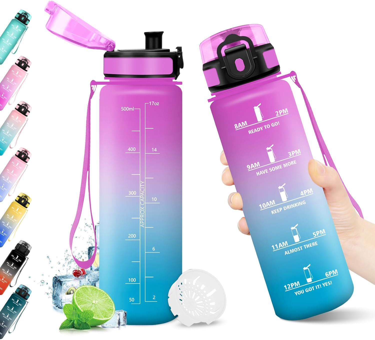Water Bottle 500 Ml, Water Bottle with Time Marking, Water Bottle with Filter, Leak-Proof, Bpa-Free, Sports Bottle for Fitness, Bike, Office, School, Outdoor, Yoga, Adults, Suitable for Sparkling image number 2