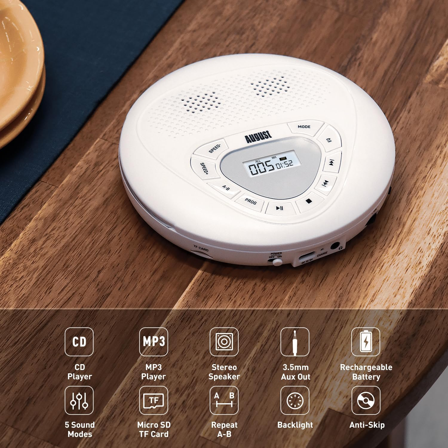 August SE10W Rechargeable Portable CD Player with Earphones USB-C Personal CD Walkman with anti Skip Protection, Repeat, EQ, PROG, MP3 Micro SD Card Mode - Small Size for Car, Home, Travel - White image number 4