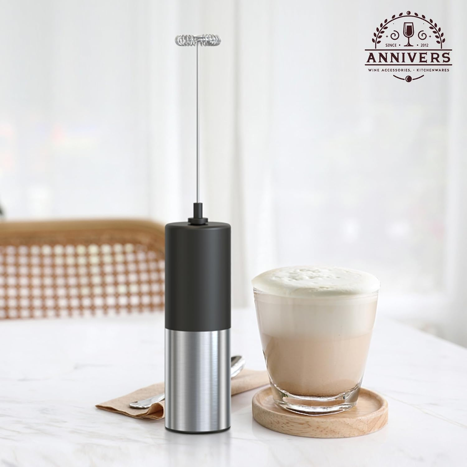 ANNIVERS Electric Milk Frother Handheld Drink Mixer Hand Coffee Whisk Blender Foam Maker Egg Beater, Battery Operated Stainless Steel Whisk & Body, Milkshake Matcha Whisk, Mousseur &Agrave; Lait &Eacute;lectrique