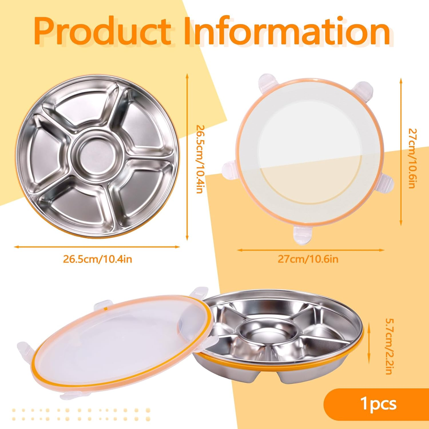 ASTIMESA Divided Serving Tray with Lid 6 Compartments, 10.4 Inch round Veggie Tray, Reusable Stainless Steel Snack Box Container Fruit Platter Tray for Parties Fridge Food Storage Picnic (1 Pcs) image number 1