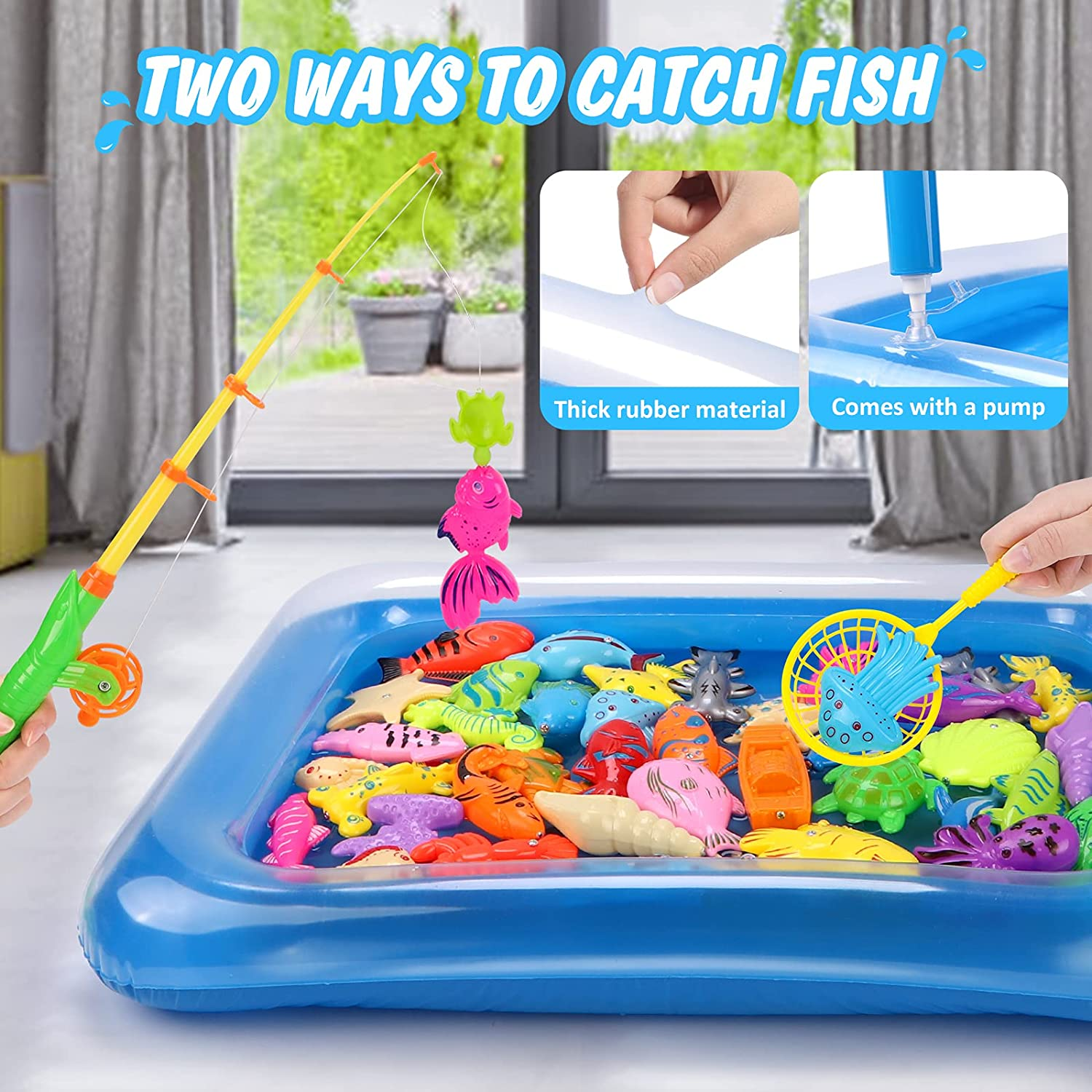 REMOKING Kid Toys 52PCS Fishing Game,Magnetic Toys with Ocean Sea Animal,Fishing Poles,Nets,Inflatable Pool,Toddlers Bathtub Outdoor Carnival Party Set,Gifts for Kids 3-6 Years Old(With Basket) image number 4