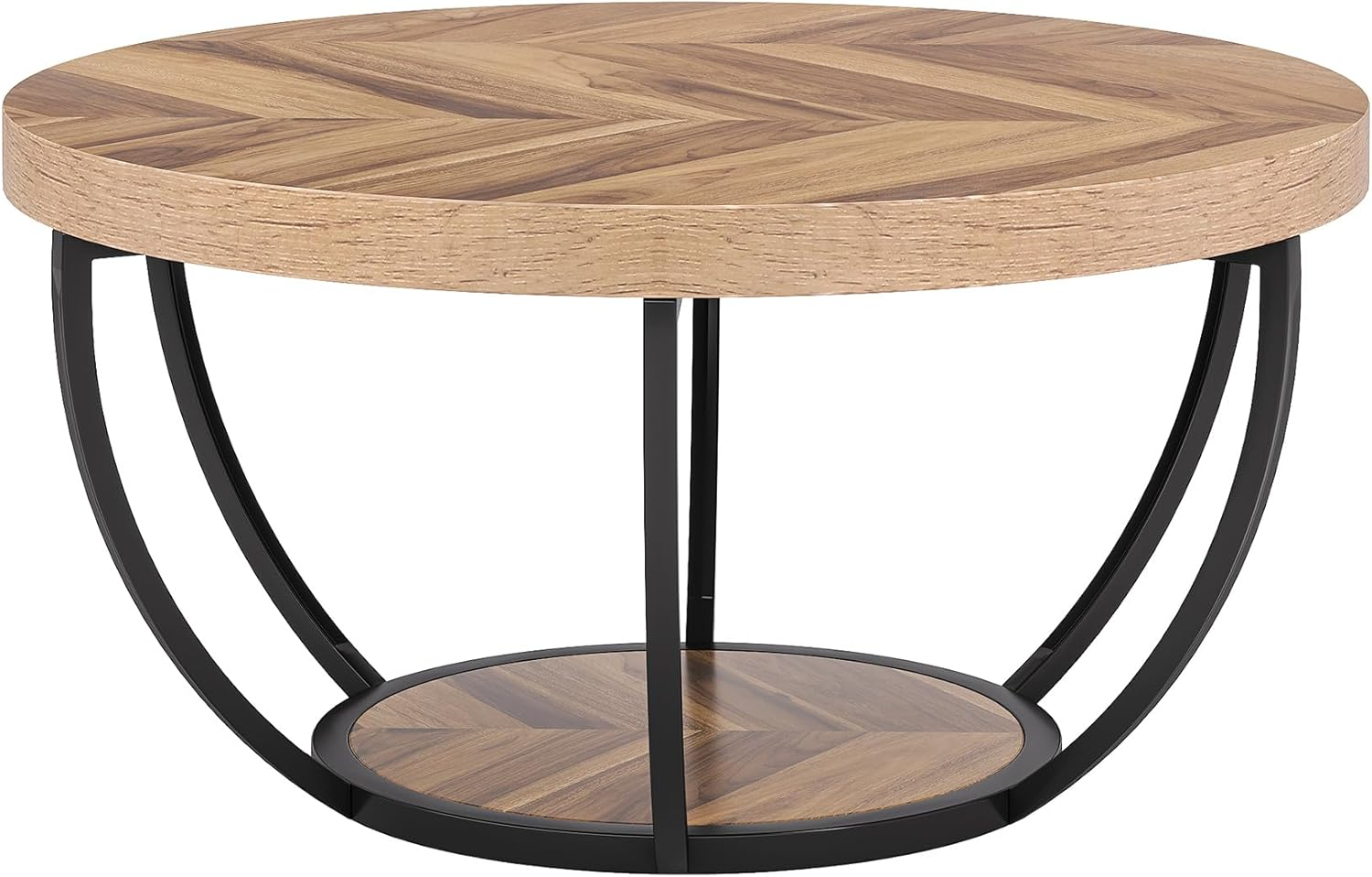 Tribesigns 80 Cm round Coffee Table, Industrial 2-Tier Coffee Table Storage, Modern Wooden Accent Center Desk Sofa Side for Living Room, Home Office, Wooden Grain and Black image number 1