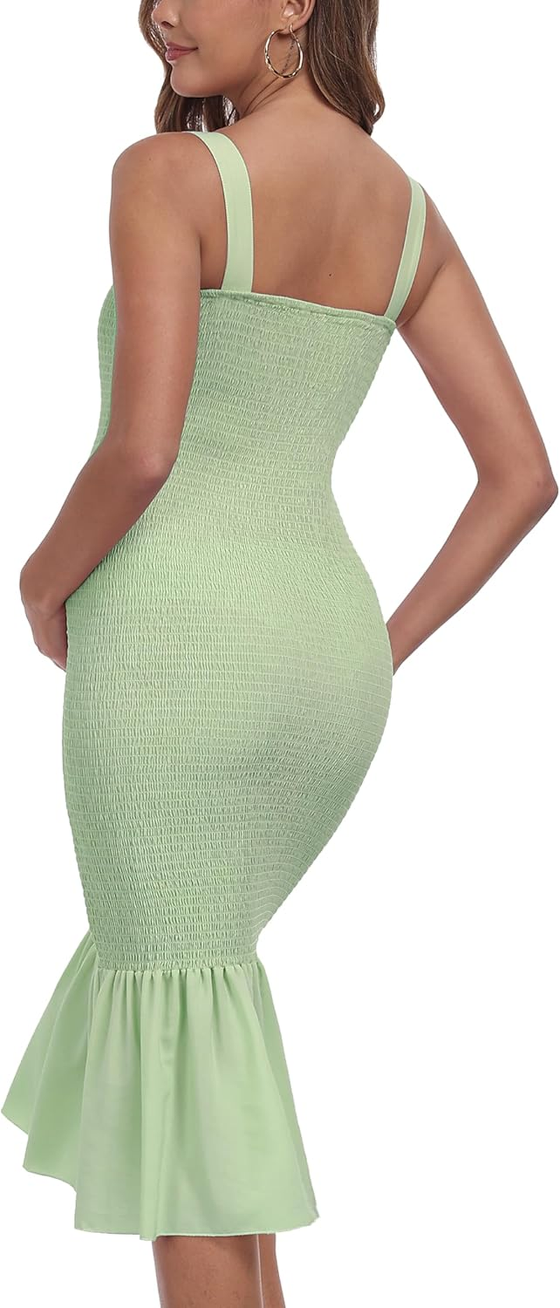 Summer Tank Maternity Dress Sleeveless Strappy Midi Bodycon Square Neck Ruffle Mermaid Smocked Dress for Baby Shower image number 2