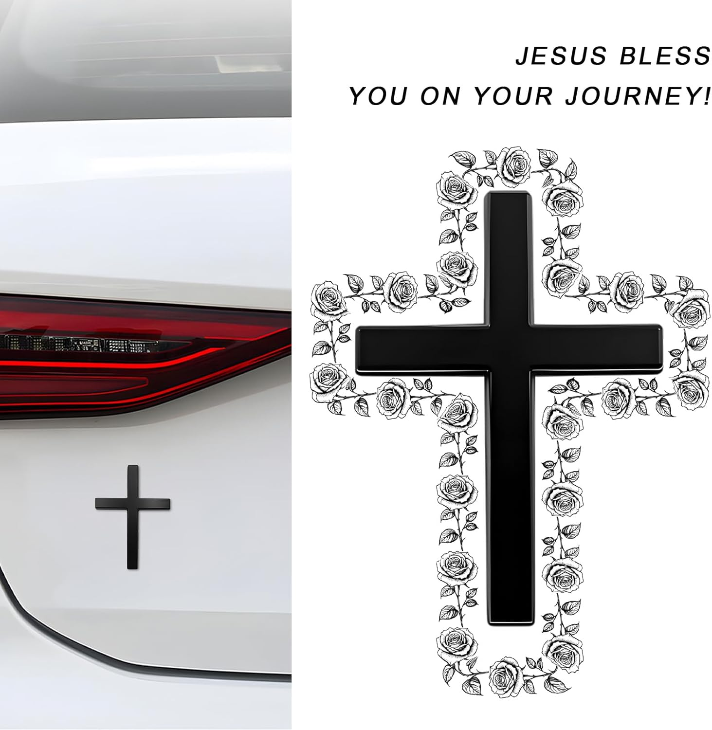 FSTURIOS 2PCS Metal Christian Cross Emblem Stickers, 2.5&times;1.8In 3D Jesus Christ Auto Emblem Badge Decal, Self-Adhesive Styling Cross Decal Decoration for Trunk Tailgate Side Fender (Black) image number 3