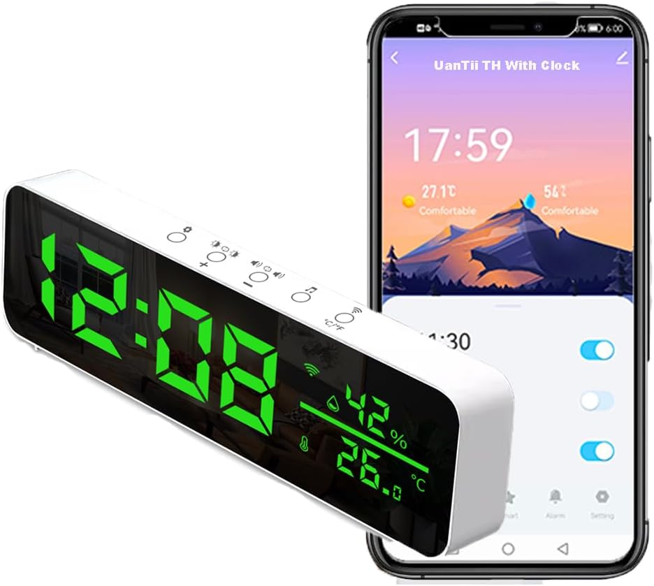 Uantii Tuya Smart Temperature Humidity Sensor with Alarm Clock, Wifi Thermometer Real-Time Monitoring Hygrometer & Thermometer Sensor Works with Smart Life App, Compatible with Alexa and Google Home