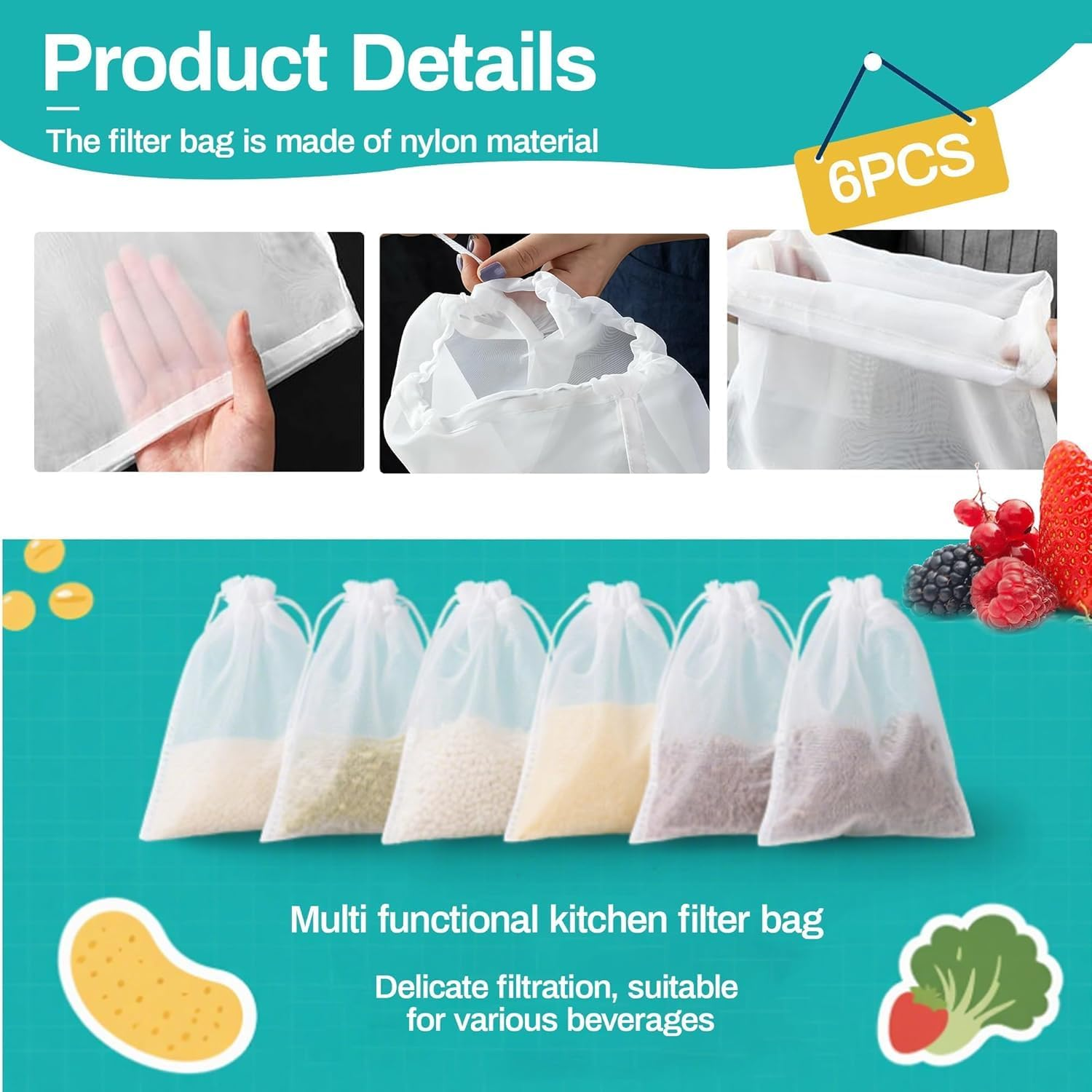 6 Pack Cheese Cloth Cheesecloth for Straining, 8&rdquo;X12&rdquo; Food Grade Nylon Muslin Cloths for Cooking, Strainer Bag for Nut Milk, Soy Milk, Grape Juice, Jelly, Fried Food Cloth Filter Bags image number 3