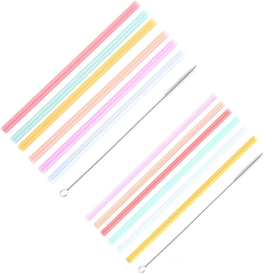 12 PCS Reusable Silicone Straws with 2 PCS Cleaning Brushes, 9 Inches Long 8Mm/6Mm Wide Reusable Fat Silicone Straw for Kids Long Straws for Smoothie Milkshake Cocktail Hot Drinks image number 1