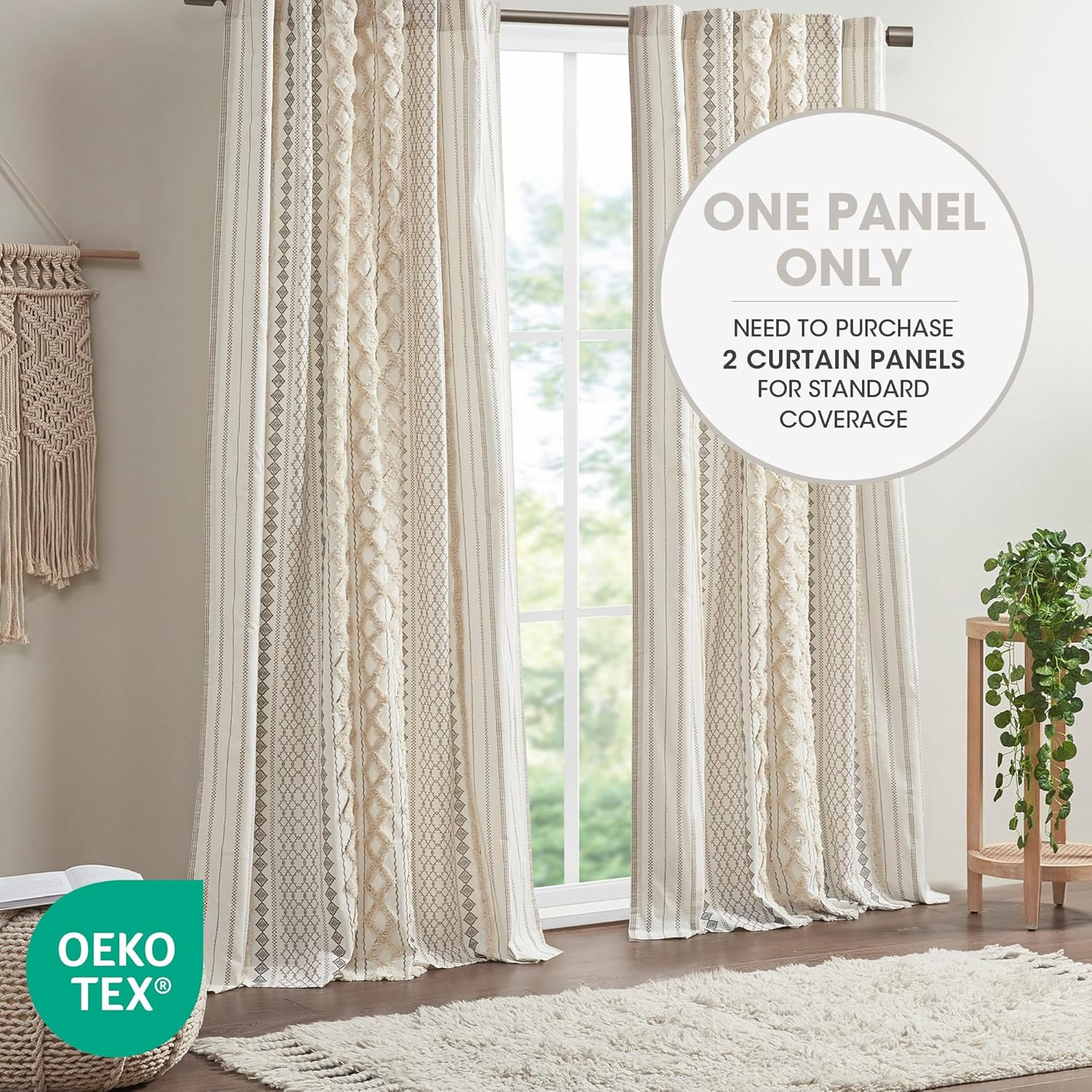 INK+IVY Imani 100% Cotton Single Panel Curtain Tufted Chenille Stripe Geometric Print Mid-Century Look Rod Pocket Top Drape for Living Room, Privacy Window Treatment for Bedroom, 50" X 84", Ivory image number 2