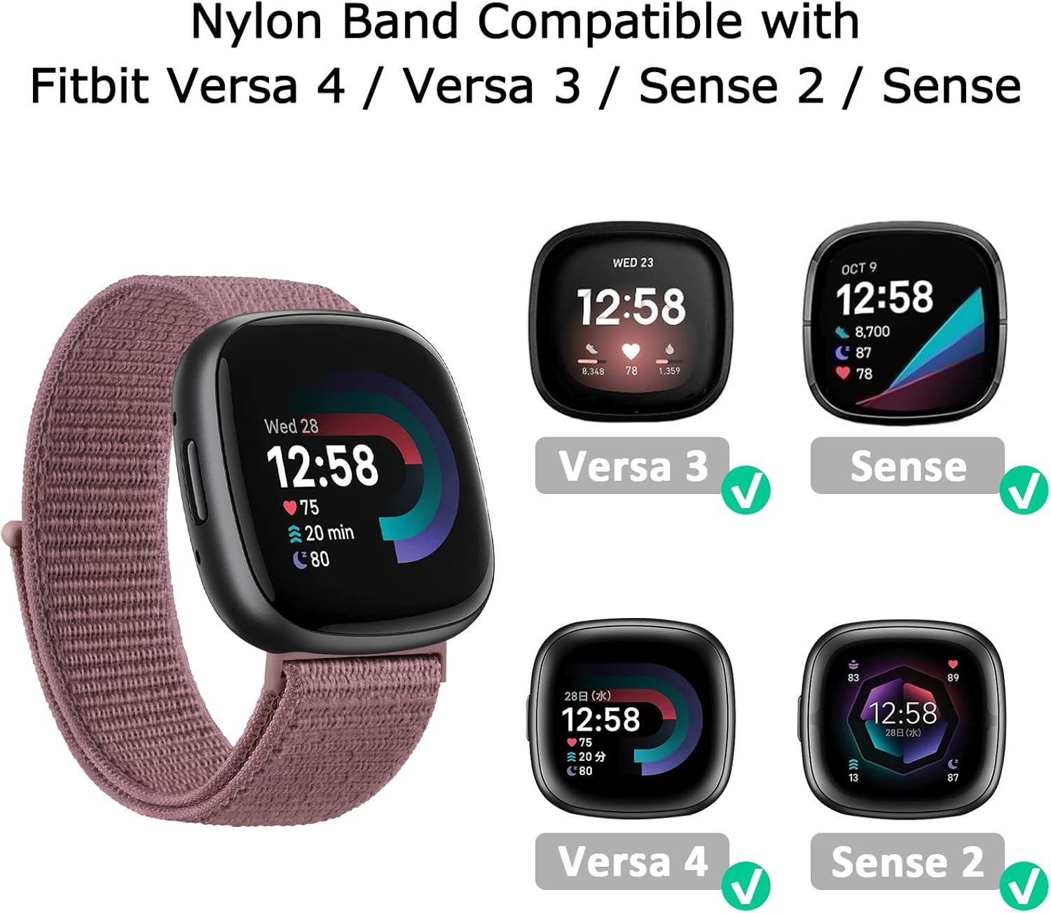 Nylon Bands for Fitbit Versa 4 Bands&Fitbit Versa 3 Bands, Fitbit Sense 2 Bands&Fitbit Sense Bands Women/Men, Soft Adjustable Breathable Solo Loop Braided Replacement Straps image number 3