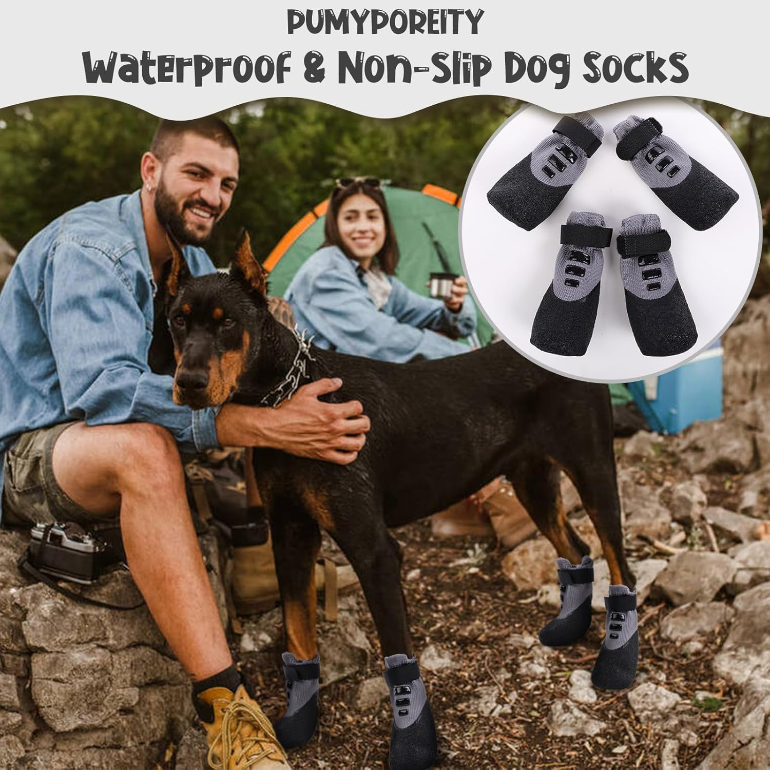 PUMYPOREITY Pack of 4 Dog Socks, Waterproof, Dog Shoes, Non-Slip Paw Protection, Stretchy Socks, Outdoor Dog Shoes, Waterproof Non-Slip Socks for Dogs (Grey, XL)