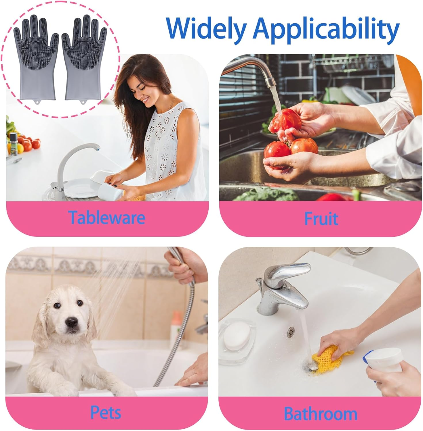 2 Pcs Pet Grooming Gloves, Extra Thick Large Silicone Dog Bath Brush for Dogs Cats Rabbits Pets, Anti-Bite Waterproof Cat Hair Remover Glove for Dog Cat Bath Grooming Massaging Home Cleaning (Gray) image number 4