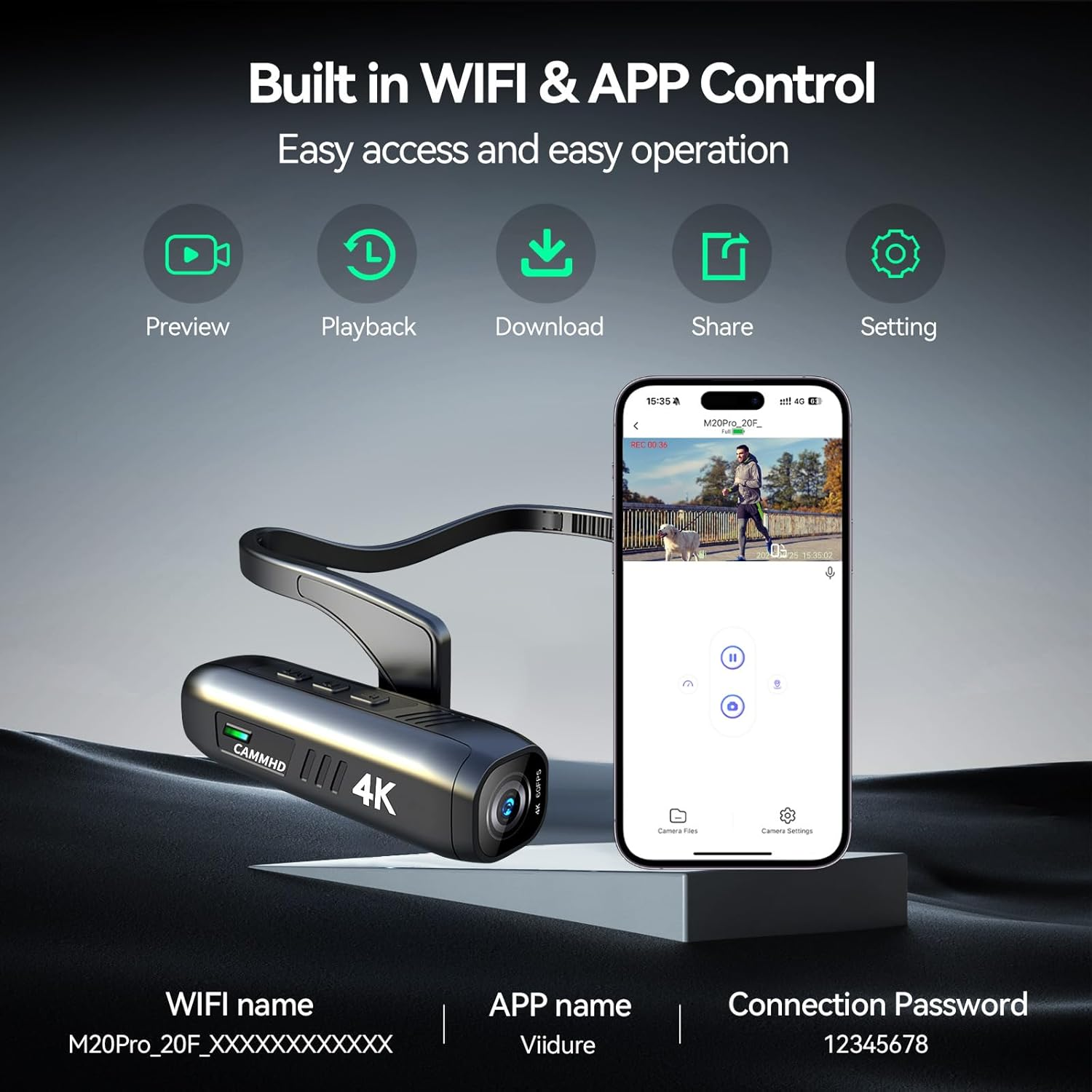 CAMMHD 4K Action Camera, Anti-Shake Helmet Camcorder with 6-Axis Gimbal Stabilizer, Wi-Fi APP Control, Head Wearable Video Camera Recorder for Vlogging Travel Sports image number 6