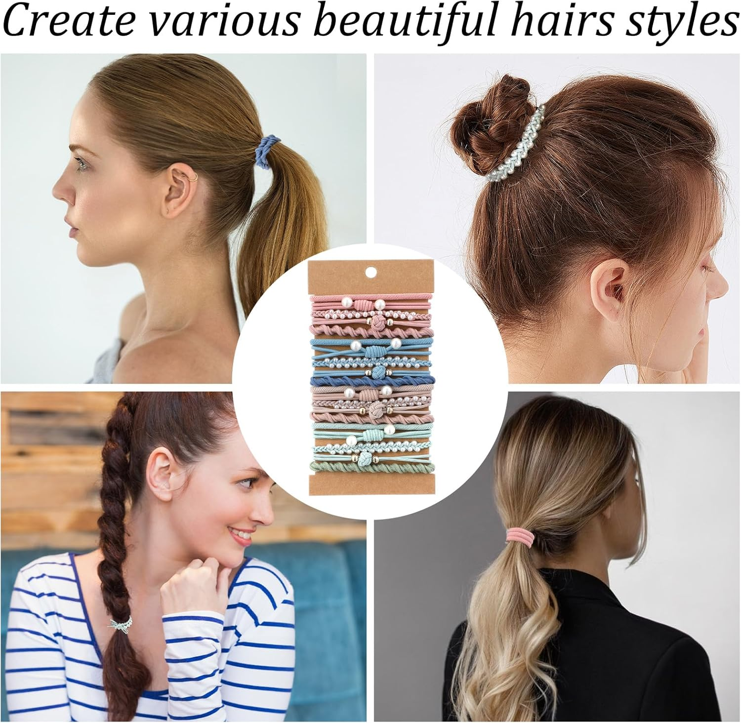 Pack of 20 Boho Hair Bobbles with Beads, Bracelet Hair Scrunchie Girls, Soft Braided Ponytail Holder, Hair Scrunchie Bracelets for Thin, Thick, Medium, Long Hair image number 3