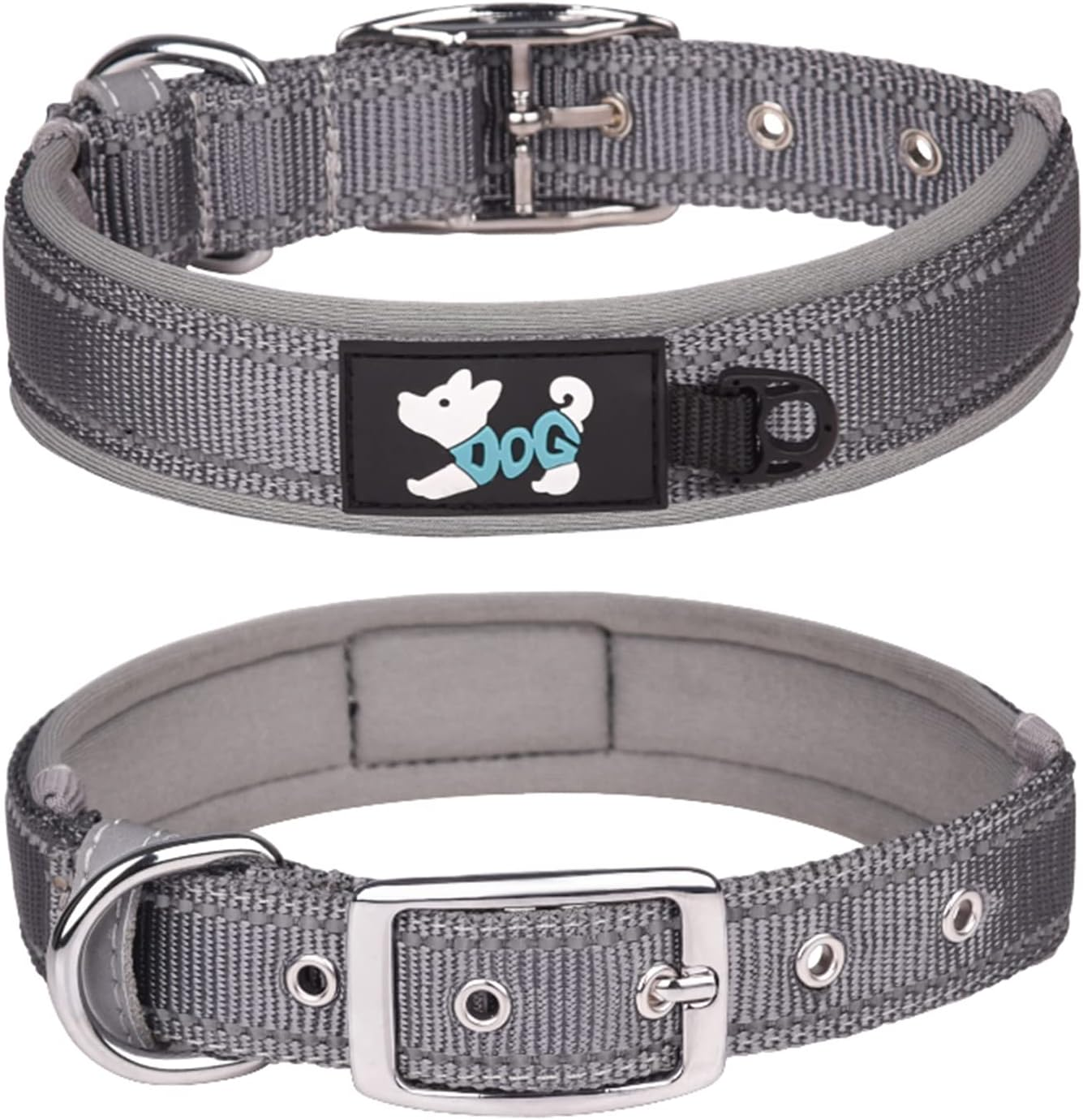 Haoyueer Comfortable Soft Neoprene Padded Dog Collar, Reflective Pet Collar, Adjustable Heavy Duty Nylon Dog Collar for All Breeds Large Dogs (L, Grey) image number 7
