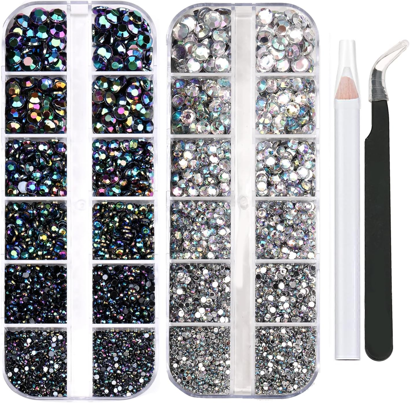 5320 Pieces Flat Back Gems round Crystal Rhinestones 6 Sizes (1.5-6 Mm) with Pick up Tweezer and Rhinestones Picking Pen for Crafts Nail Face Art Clothes Shoes Bags DIY (Black Ab+Clear AB) image number 5